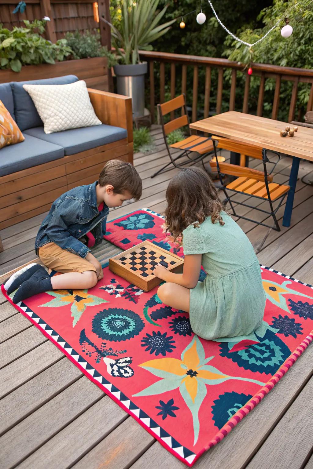 A deck showcased with a lively outdoor carpet where kids are engrossed in playing board games.