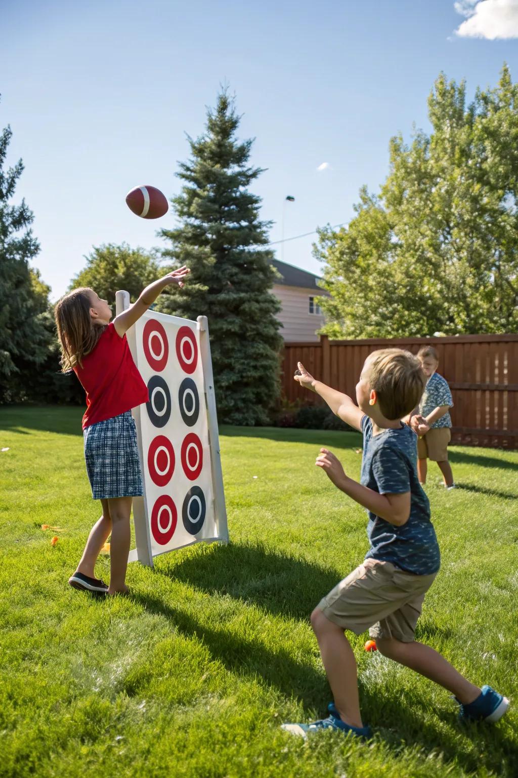 Kids relishing a football throwing activity in the garden.