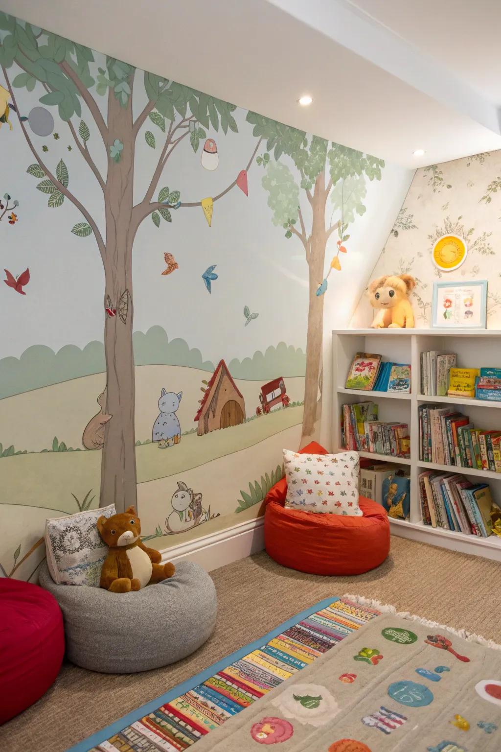 A cozy reading nook is enhanced by story-themed wallpaper.