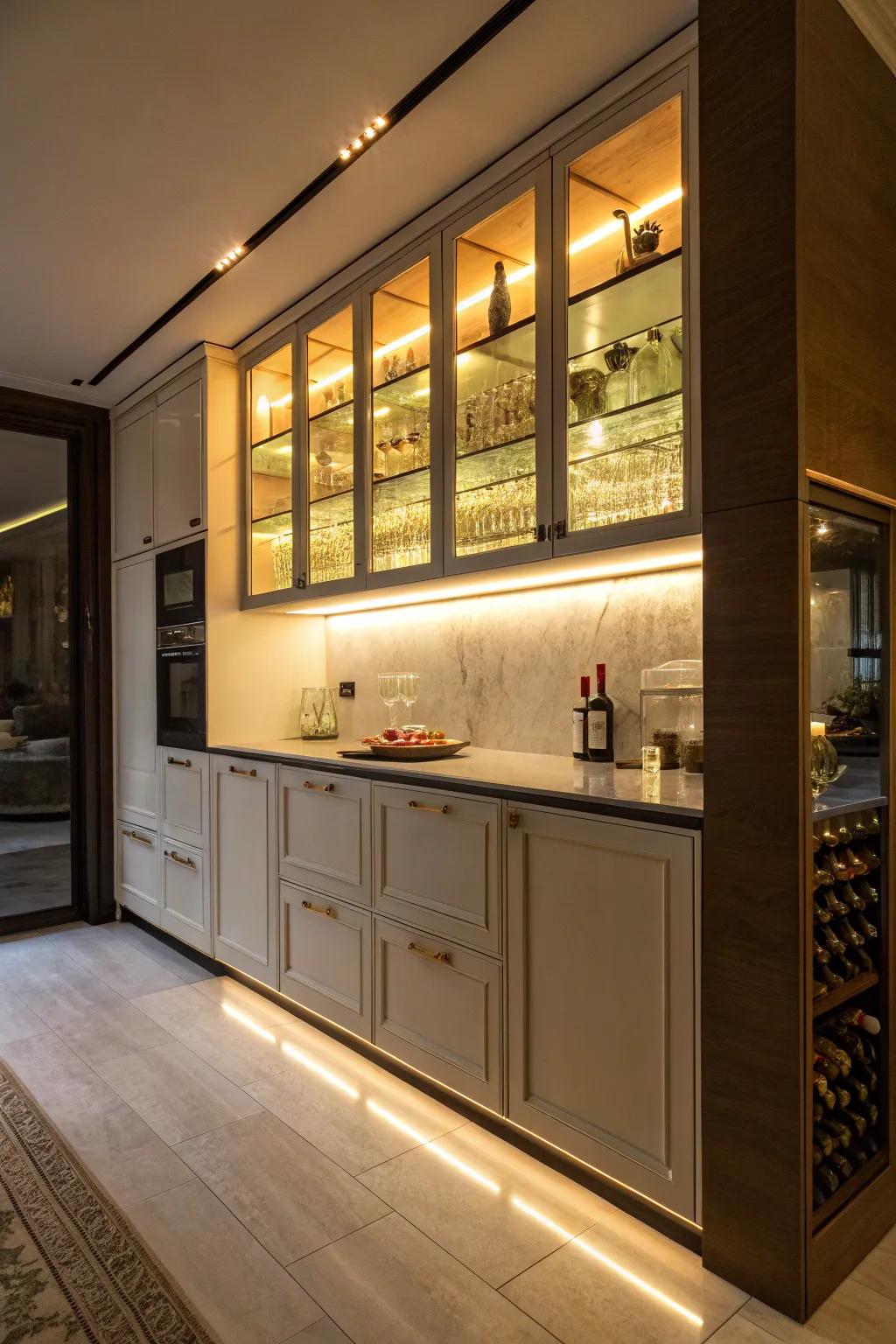 Soft lighting enhances both the functionality and ambiance of this bar cabinet.