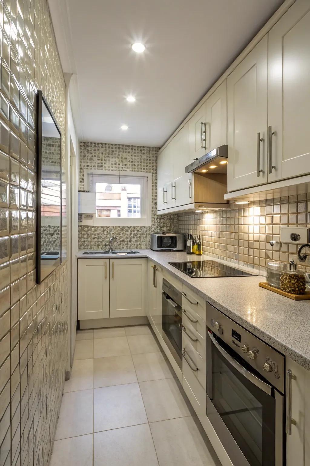 The spaciousness of small kitchens is enhanced by reflective surfaces.