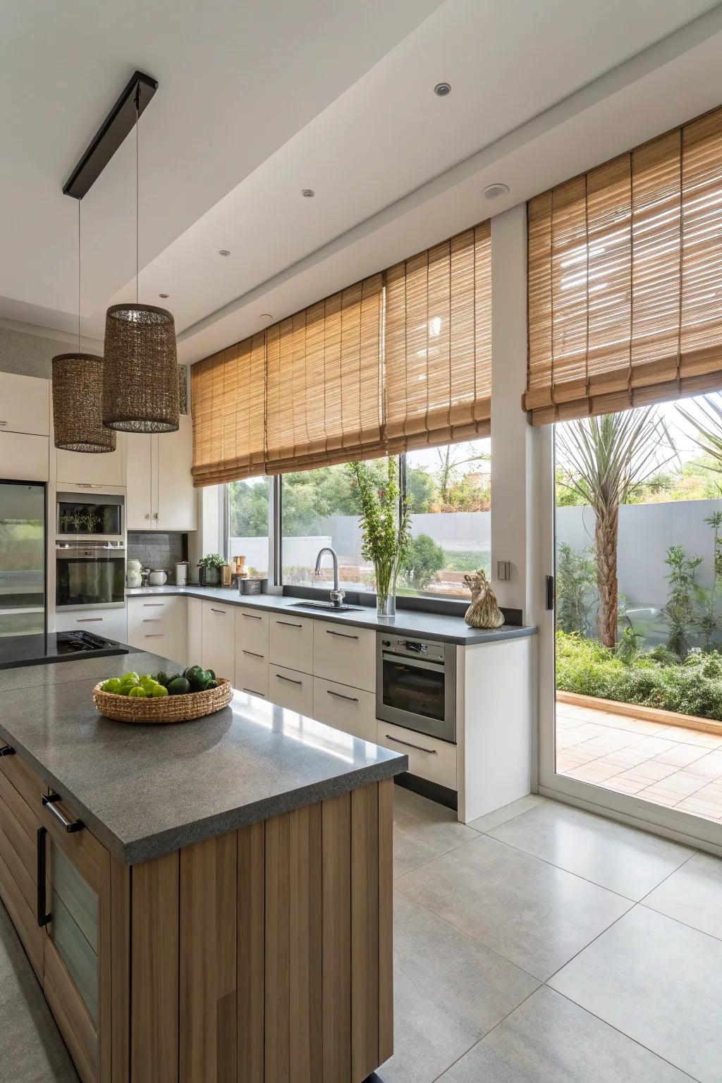 Eco-friendly bamboo blinds in a modern kitchen