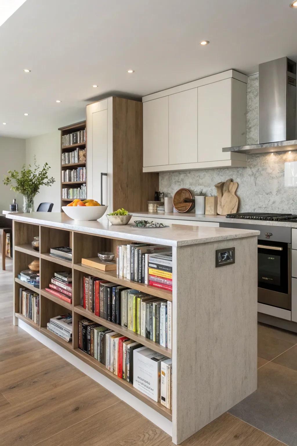 Integrated shelving appends practicality and vogue to this cooking area focal point, ideal for display and storage.