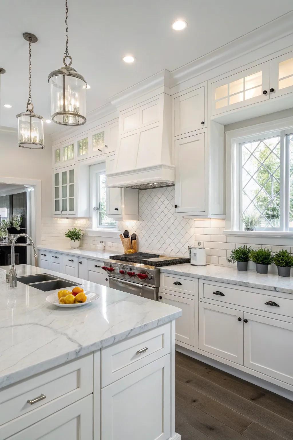 Crisp white walls create a seamless and bright kitchen space.