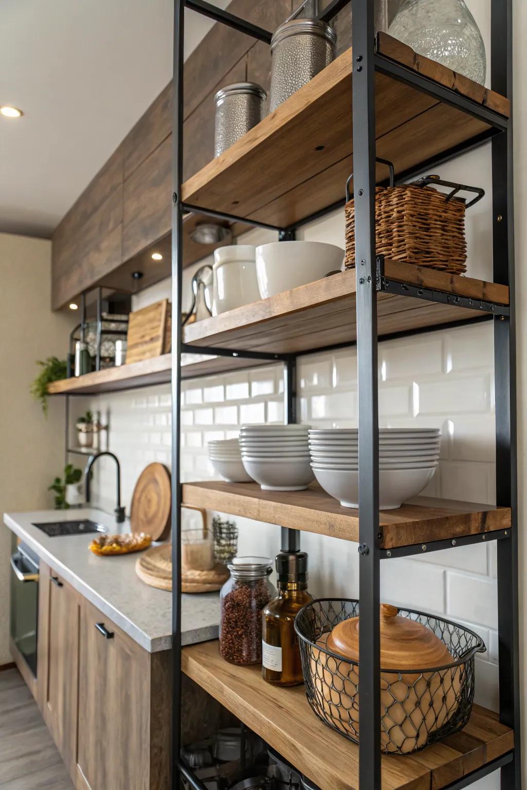 Blending surfaces and resources can heighten the visual elegance of kitchen racks.