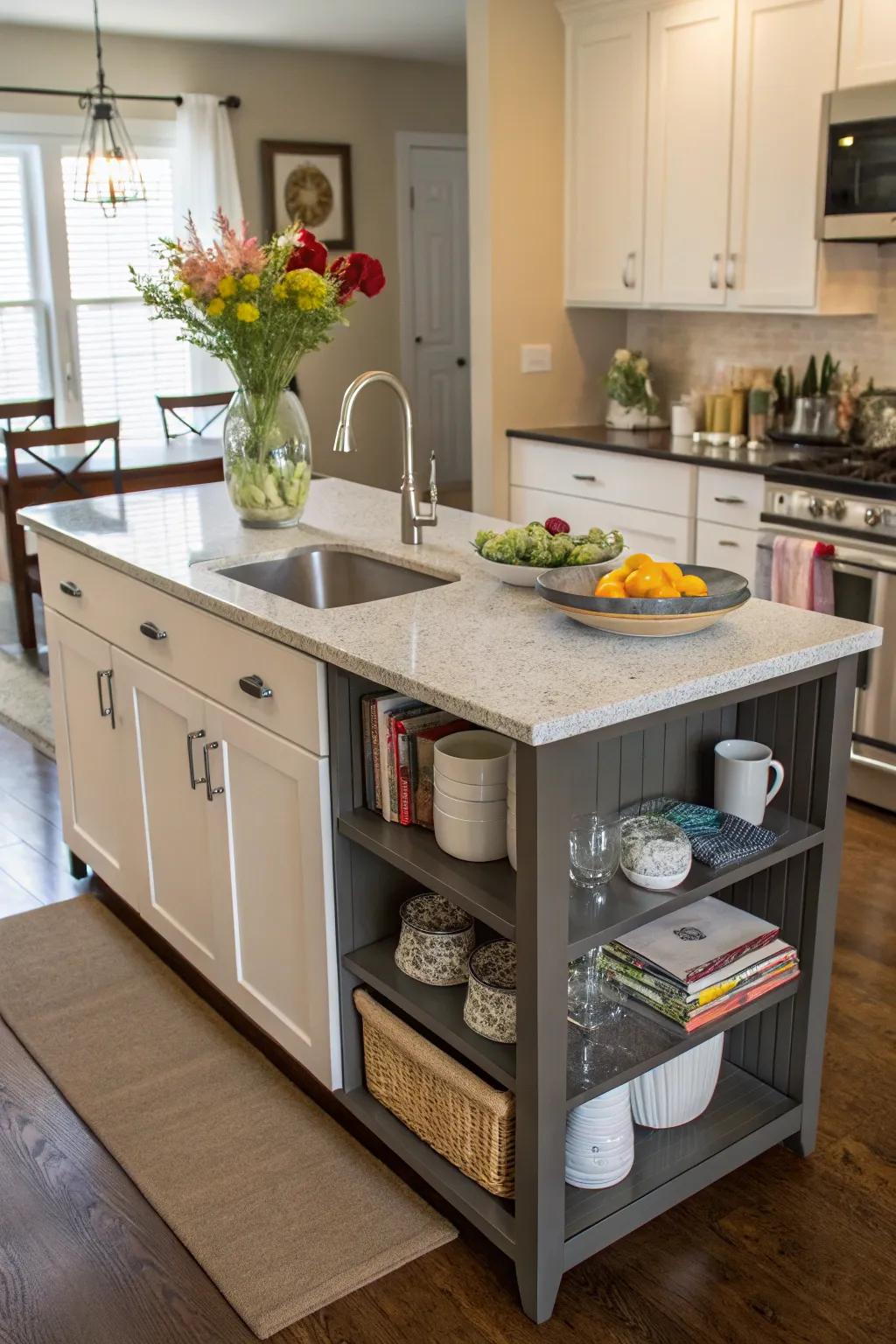 A cooking island that skillfully combines utility with style.