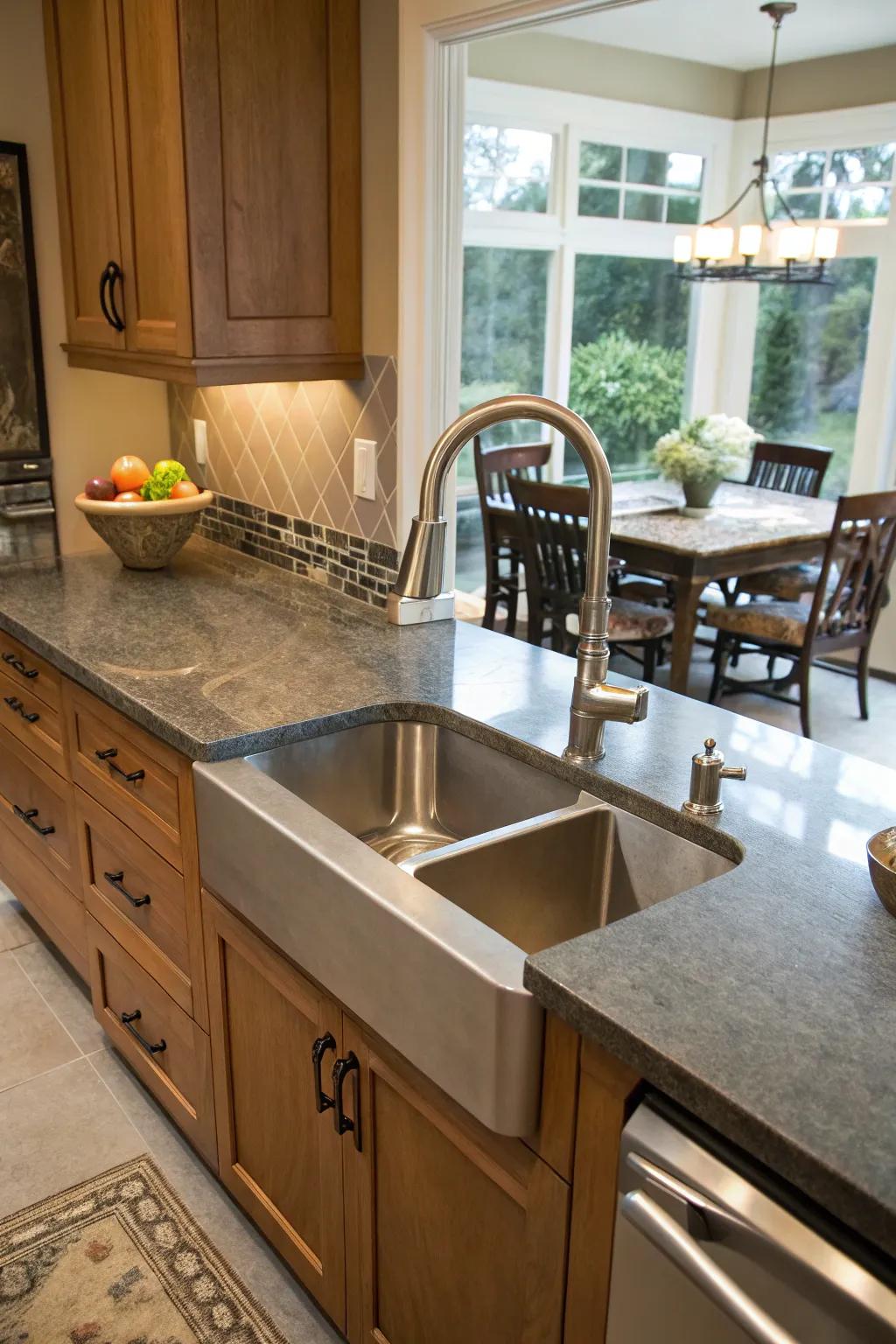 A custom kitchen showcasing a uniquely shaped sink.