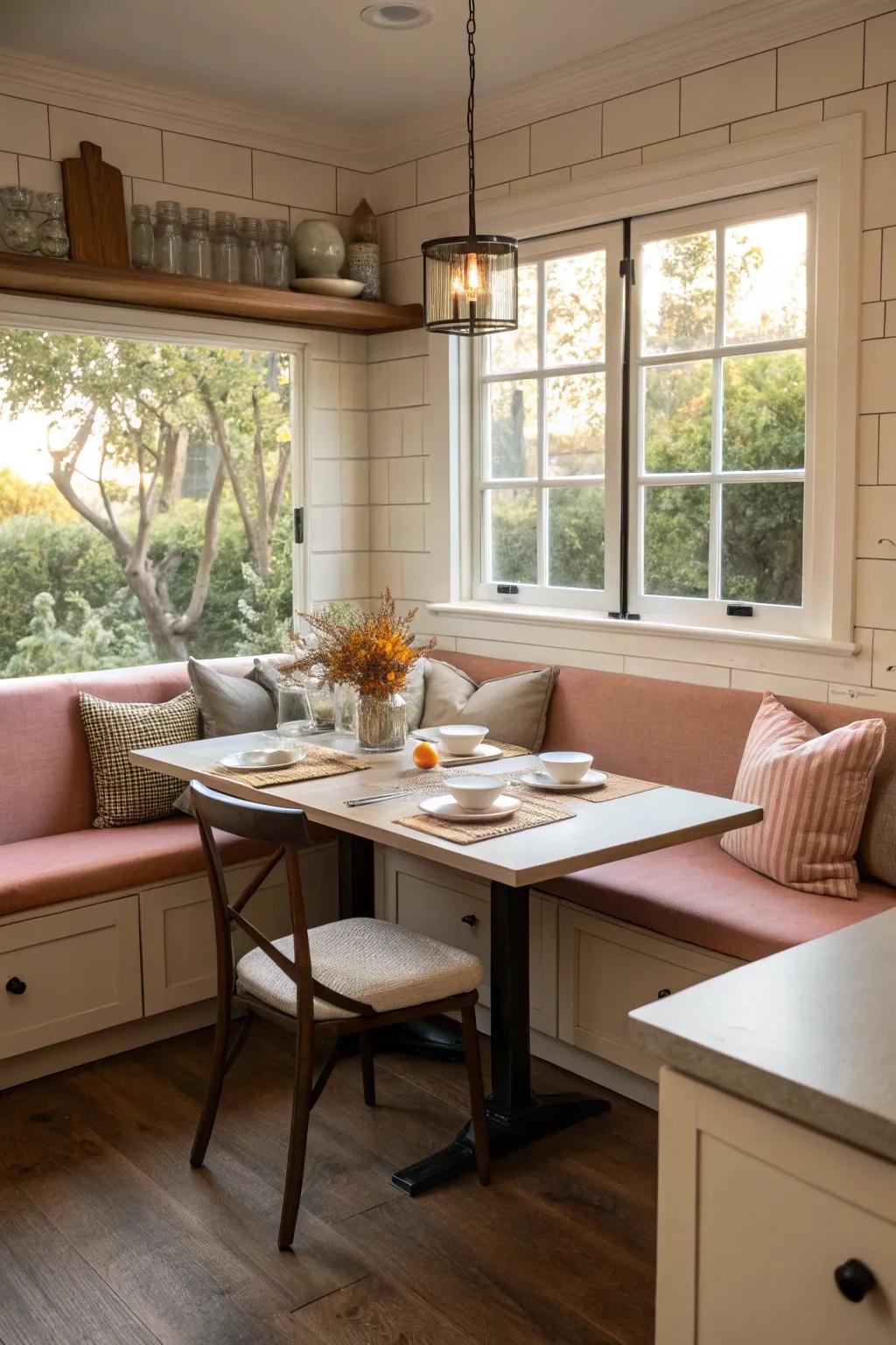 Booth seating provides comfort and effective use of area.