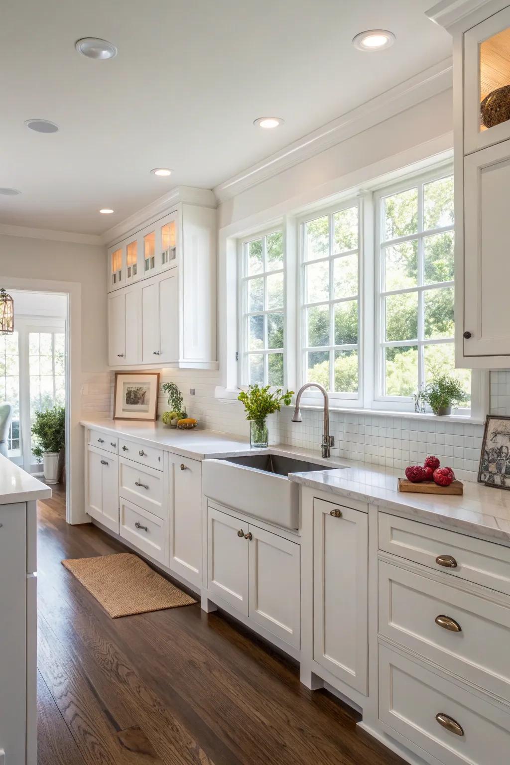 Neutral colors enhance the kitchen’s spaciousness and brightness.