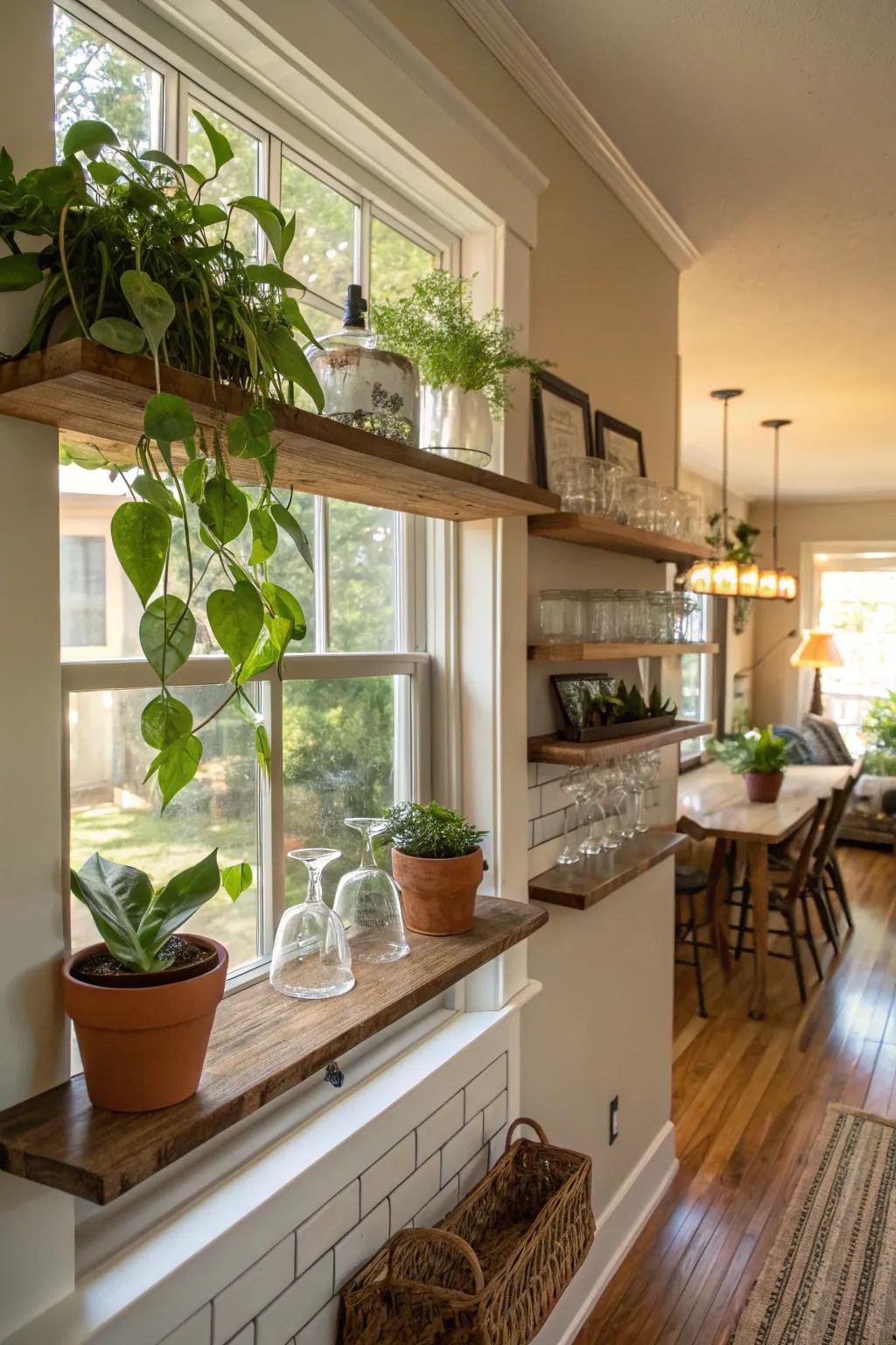 Shelves across windows optimize light and space beautifully.