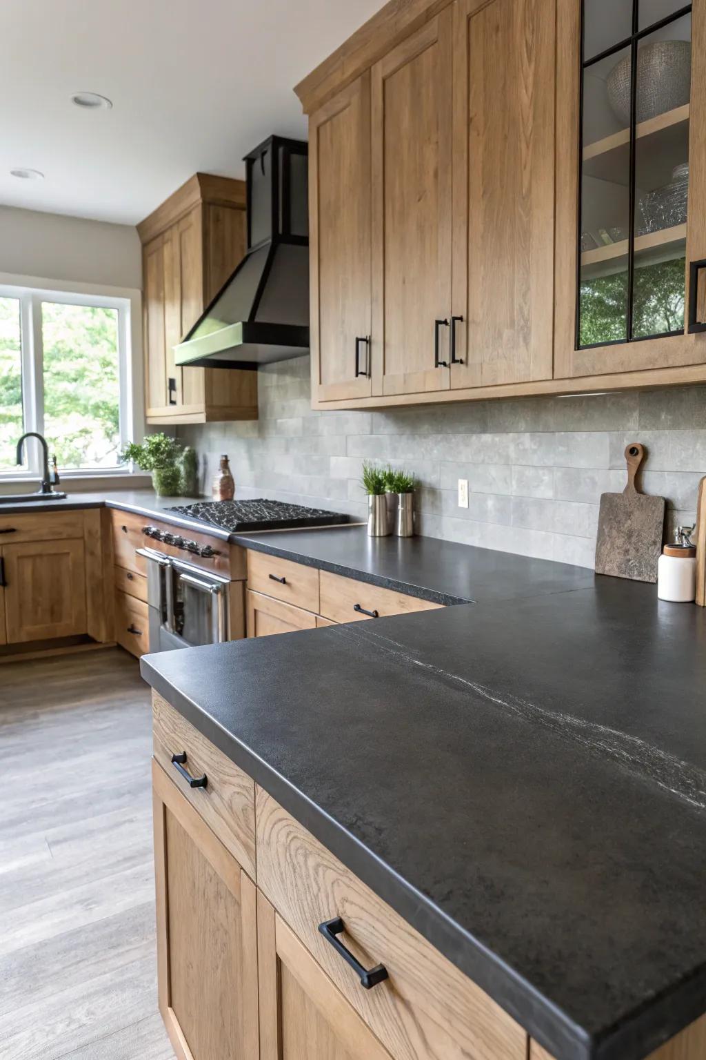 A sophisticated kitchen with dark-toned concrete worktops.