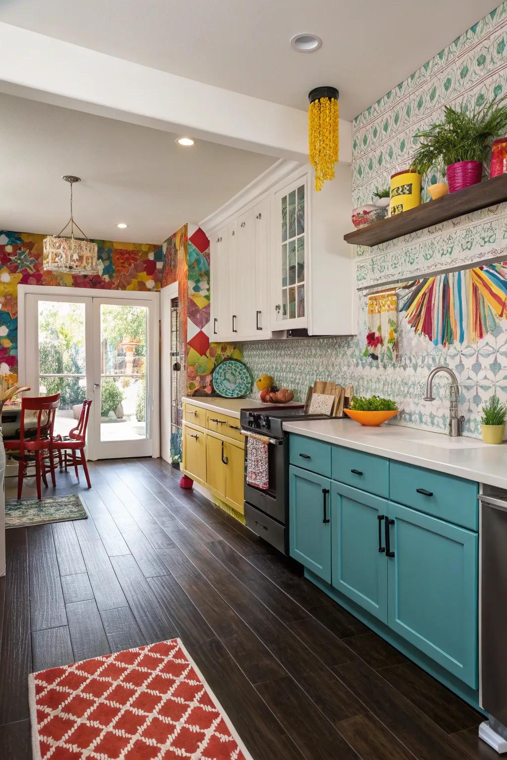 A burst of color introduces vibrancy to this kitchen fitted with deep floors.