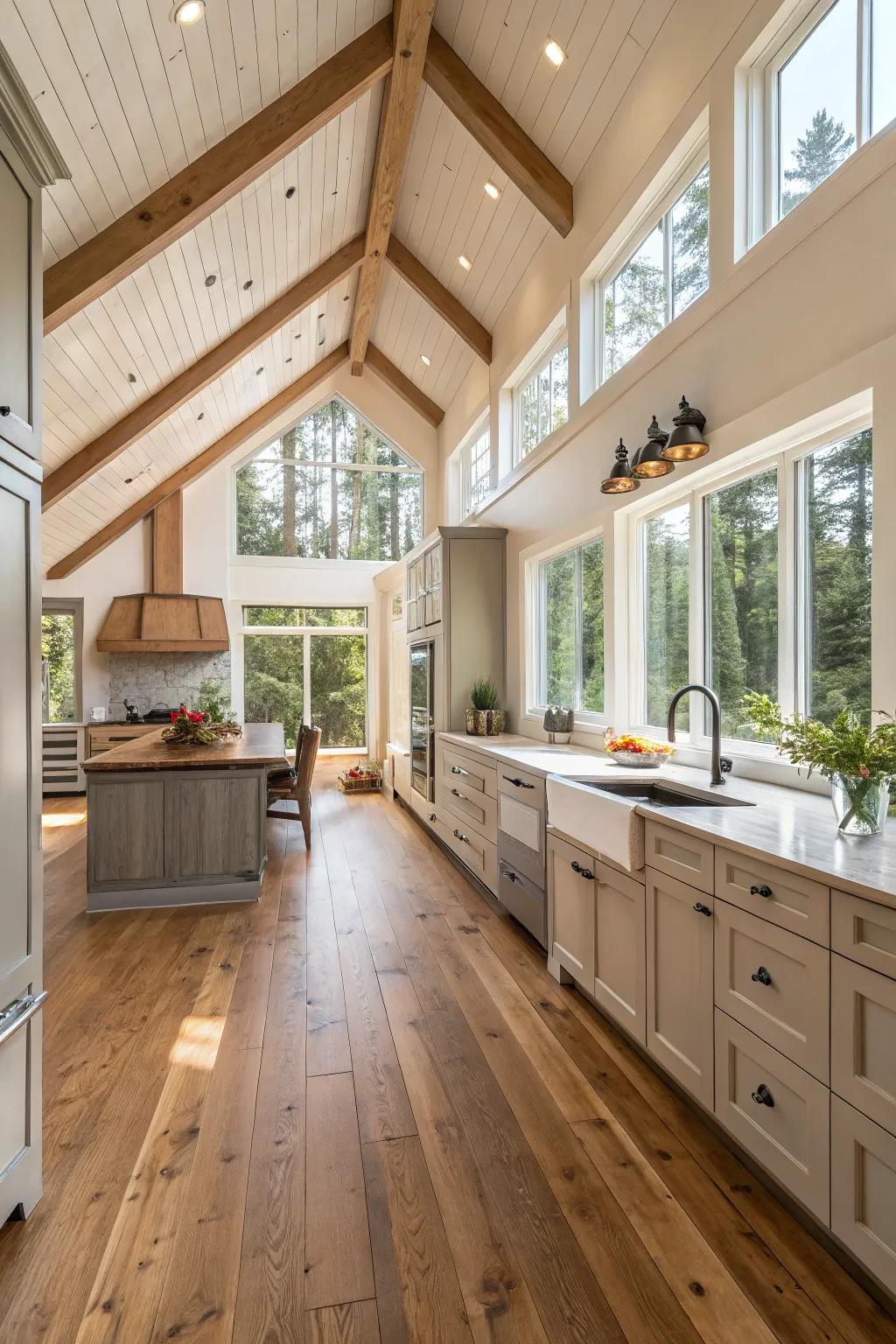 Wood accents bring warmth to this kitchen with elevated ceilings.