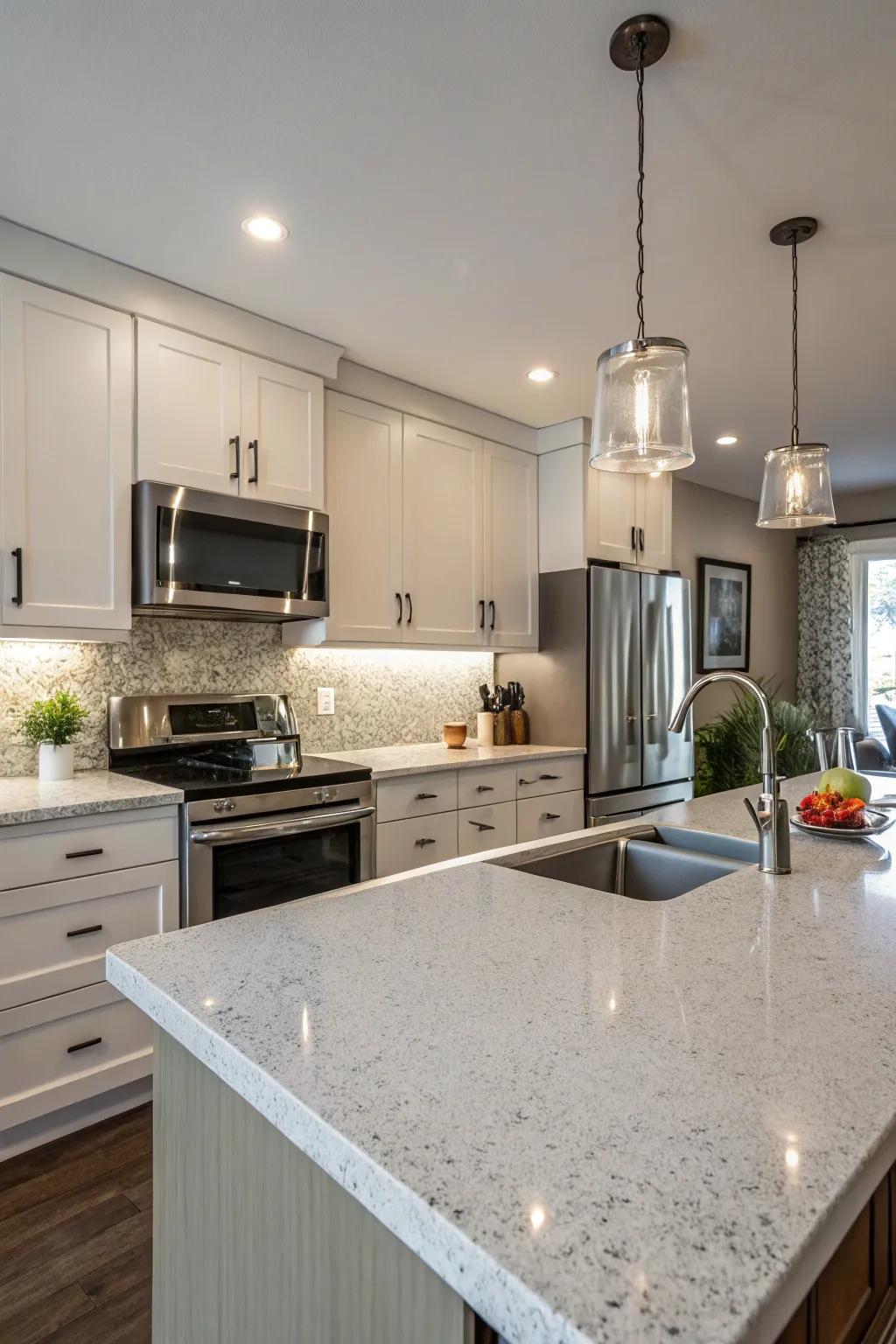 Textured quartz surfaces delivering dimension to the kitchen.