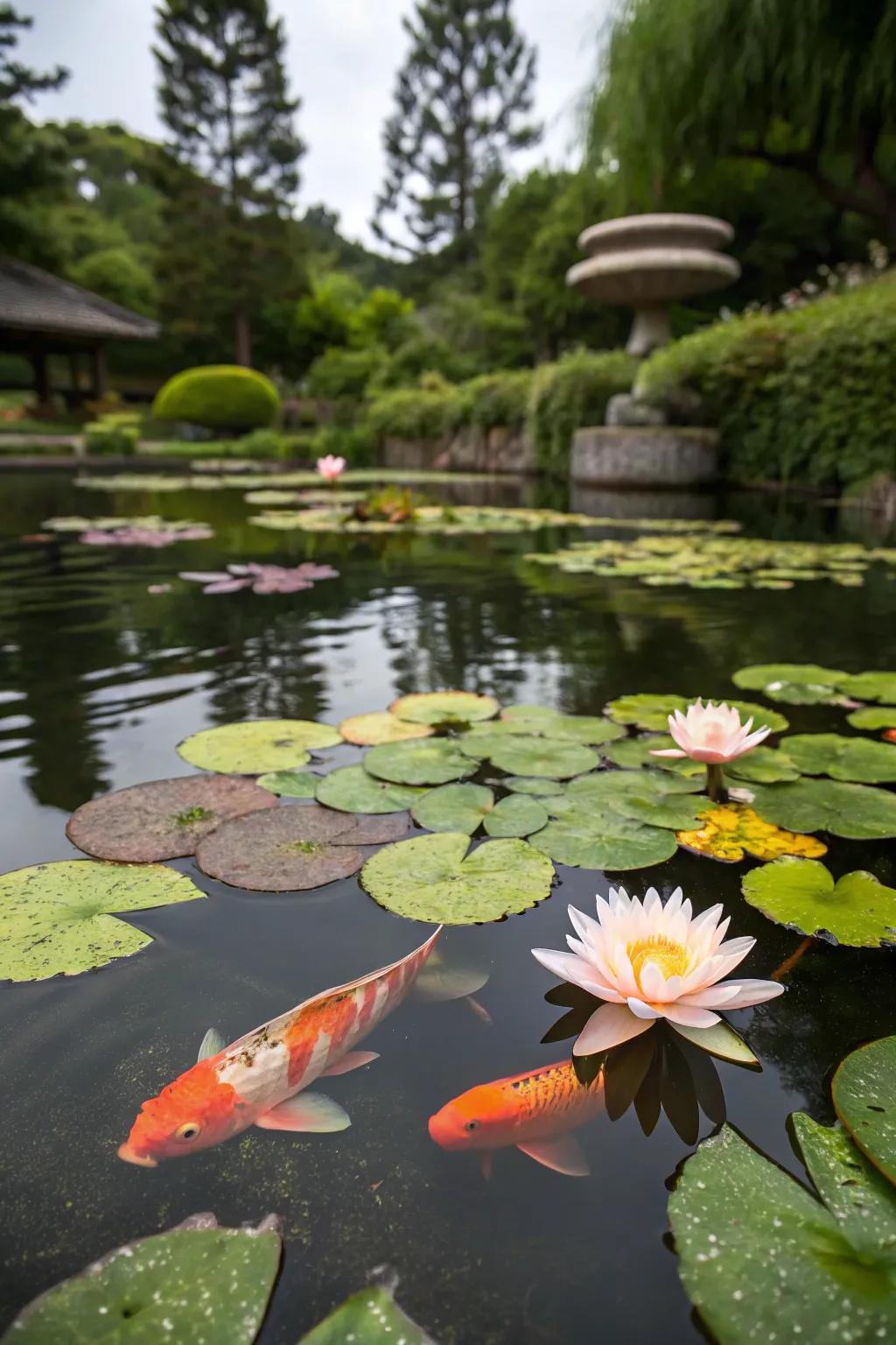 Water lilies naturally create a canopy for a koi pond.