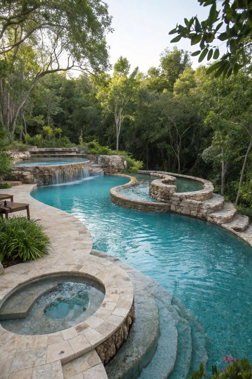 Tiered designs inject variety and interest into lagoon pools.