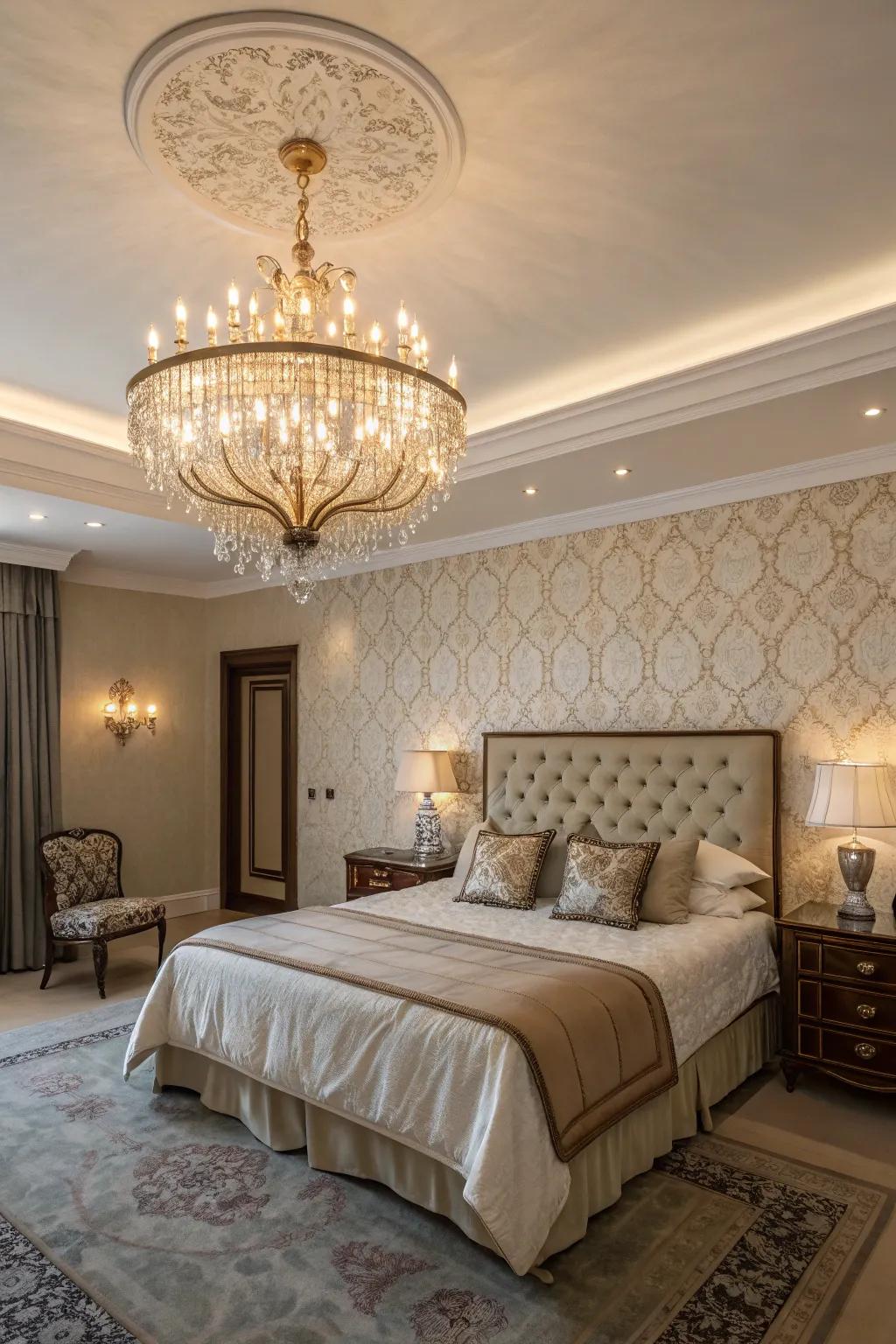 Sophisticated lighting fixtures enhance the bedroom's design and atmosphere.