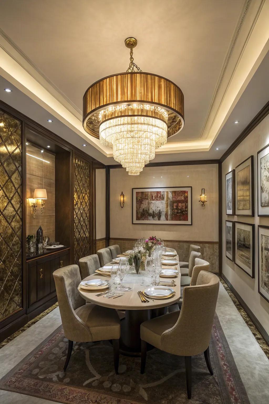 A striking illumination fixture imparts elegance to the eating space.