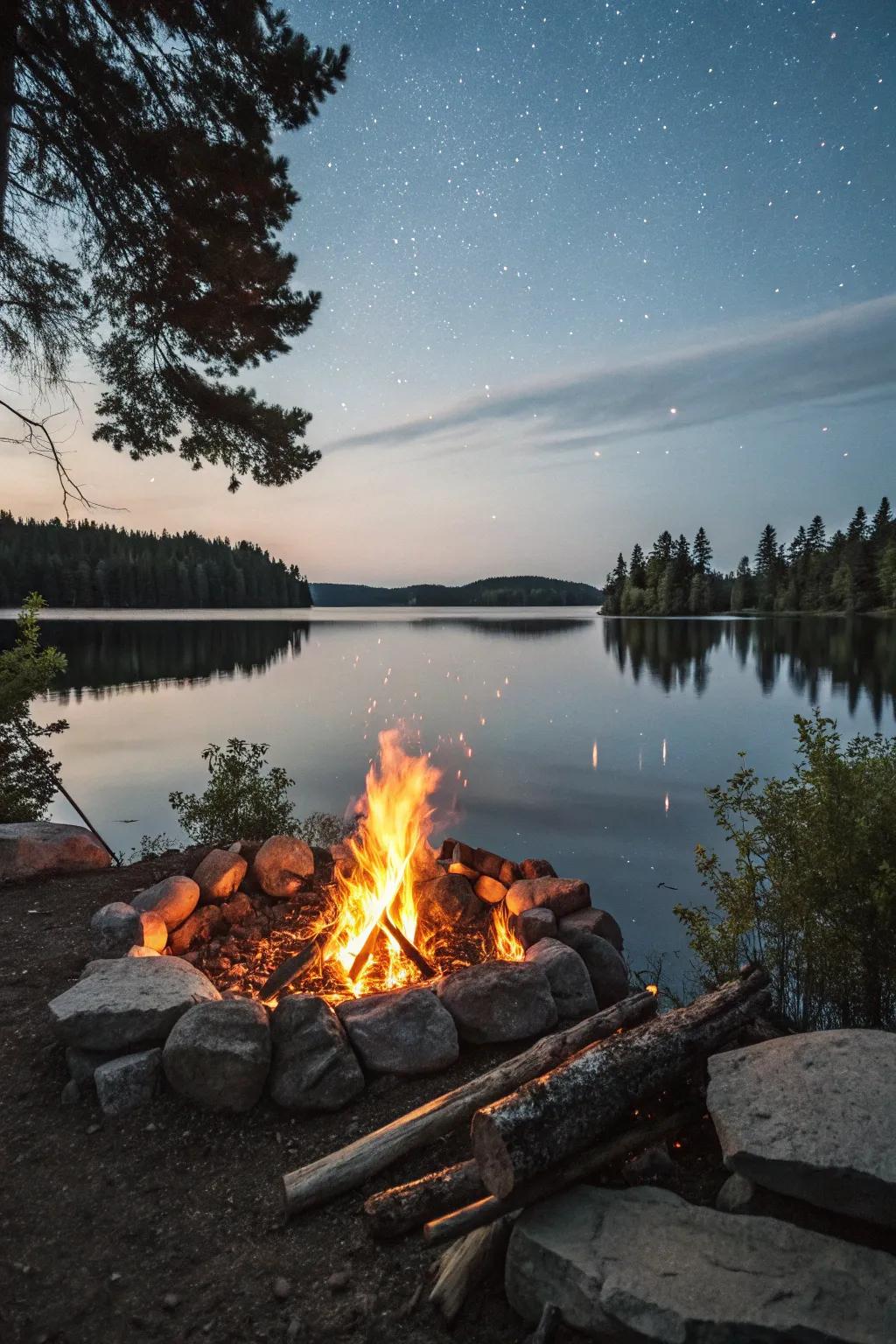 The amalgamation of blaze and aqua fashions a spellbinding lakeside atmosphere.