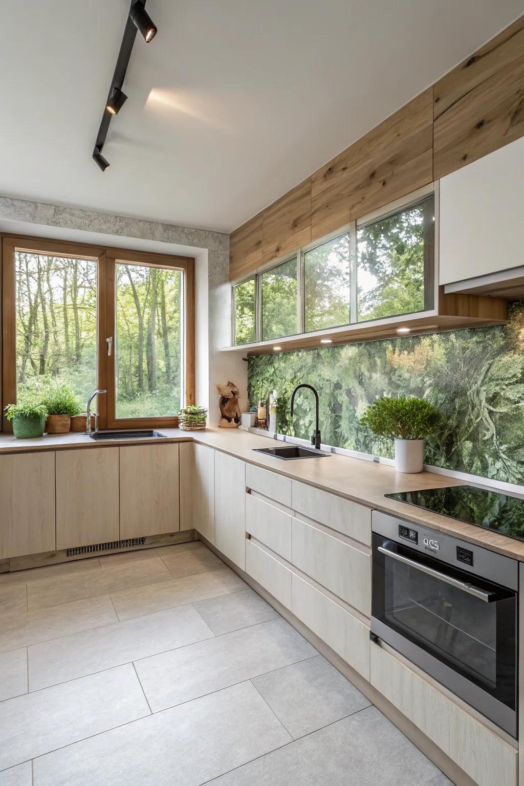 Environmentally mindful layered backsplash for a sustainable kitchen.