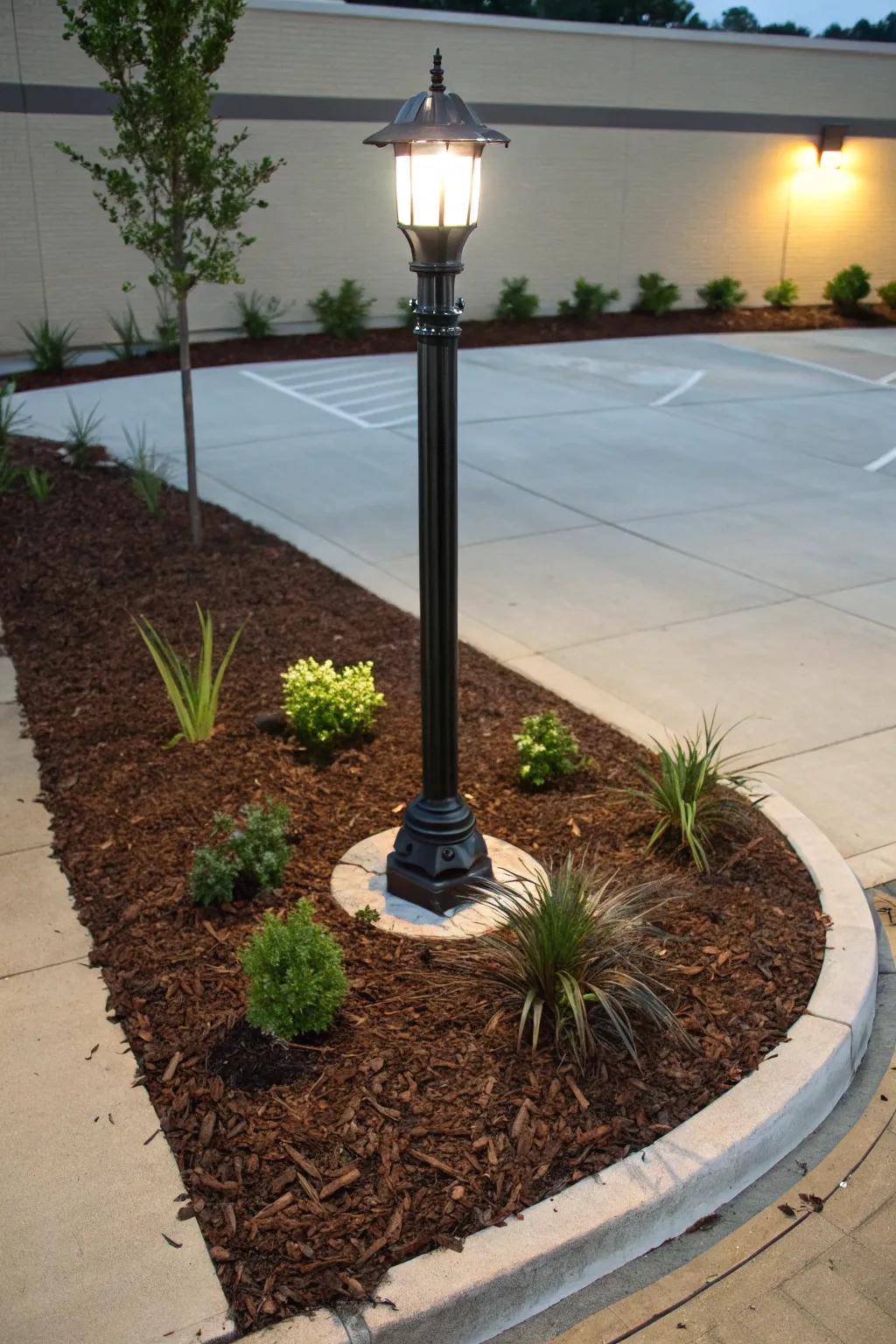 A minimalist strategy employing ground cover around a lamp post.