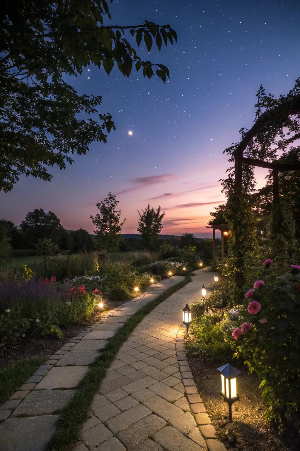 A garden path softly lit by eco-friendly sun-powered lights.