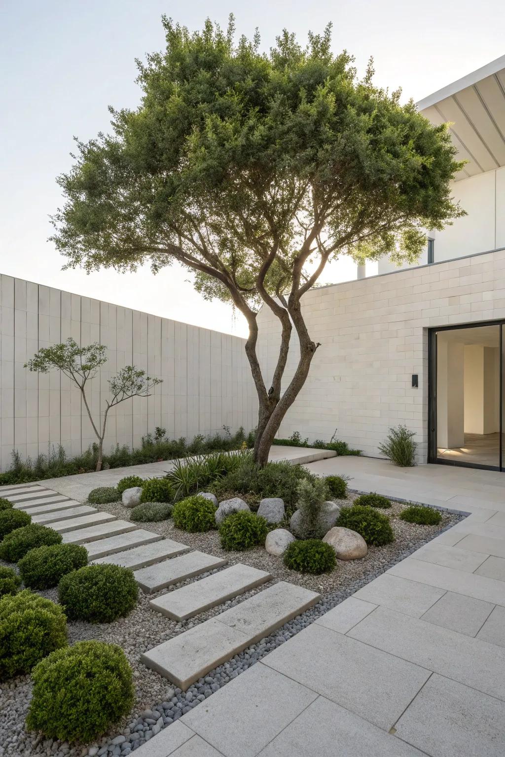 A tree showcasing minimalist landscaping, delivering a modern and pure aesthetic.