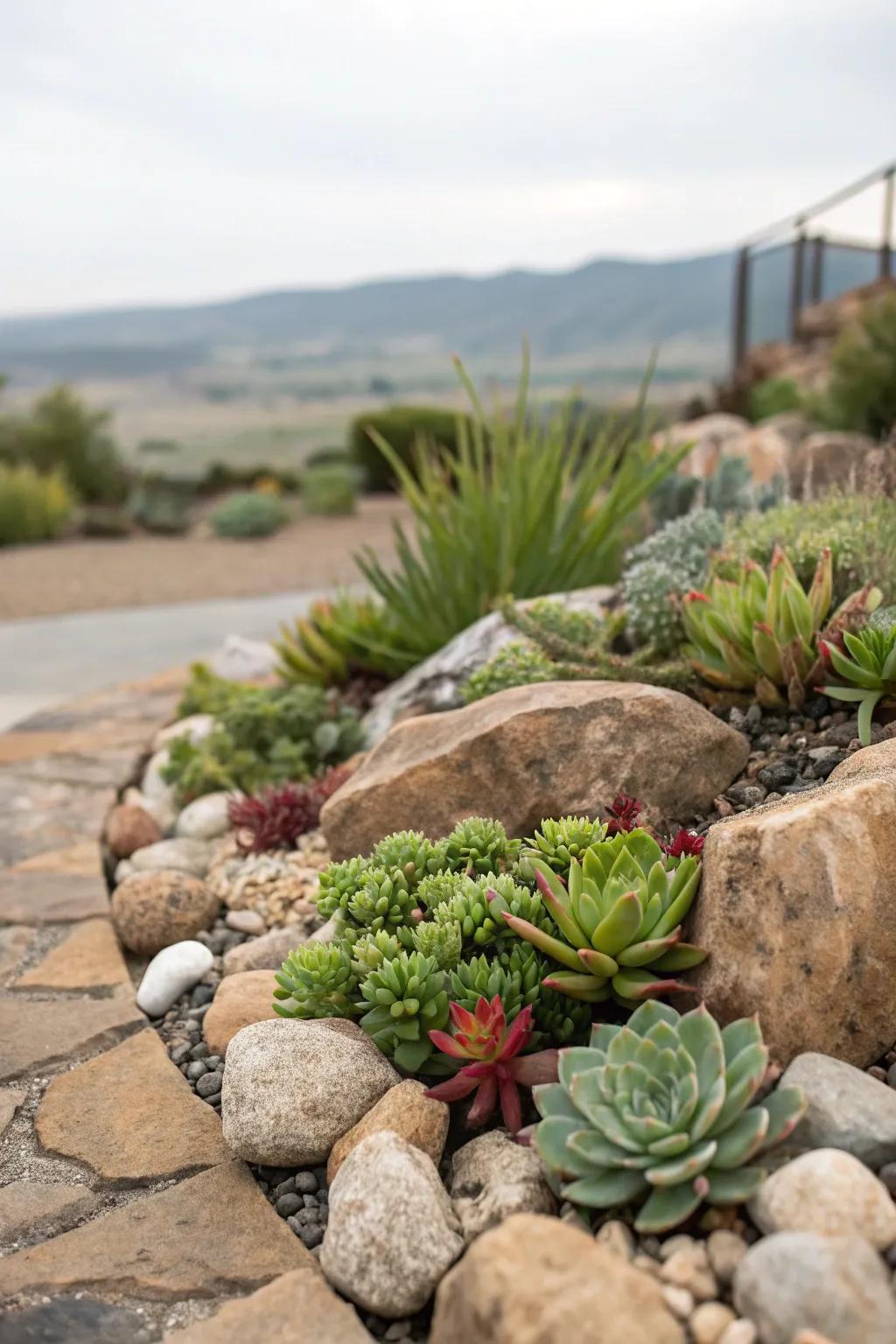 Rock gardens with artificial plants offer beauty that lasts.