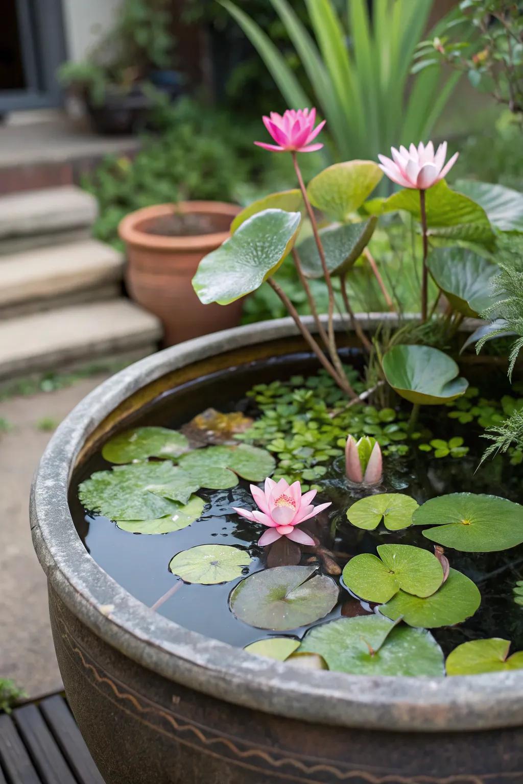 A serene aquatic garden fashioned from a simple container.