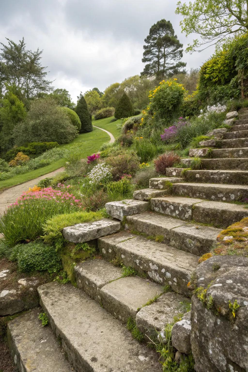 Boulder stairs blend seamlessly into sloped gardens.