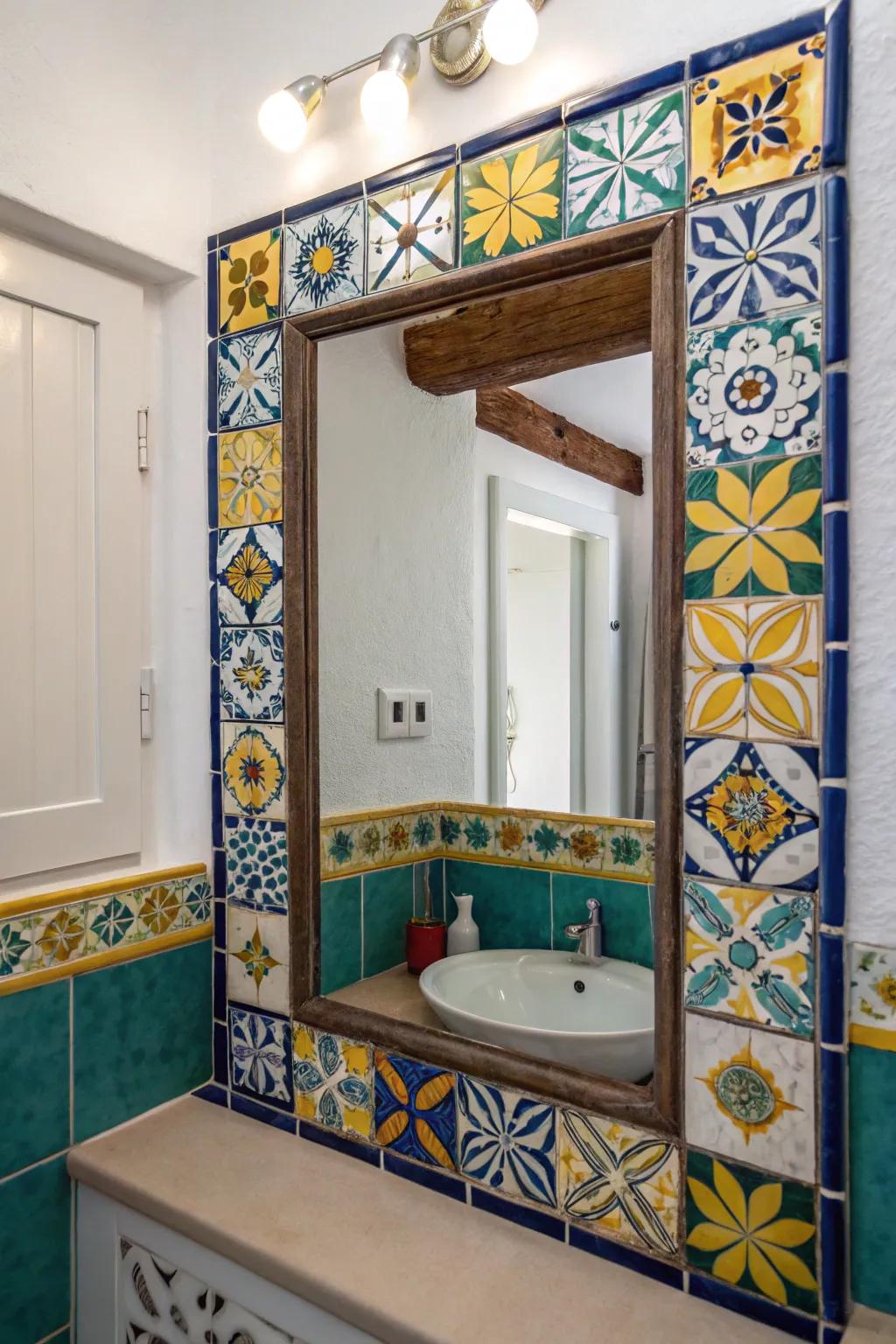 Tile frames add color and texture for an artistic mirror upgrade.