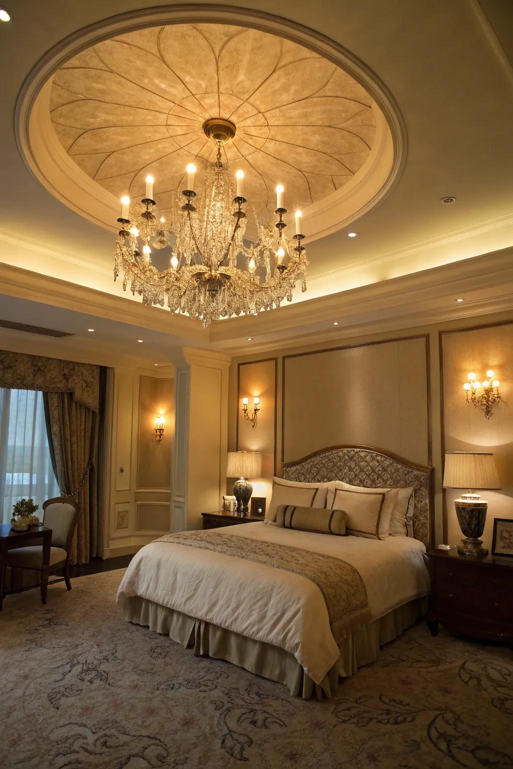 Diverse lighting design contributes depth and dimension to the expansive bedroom.