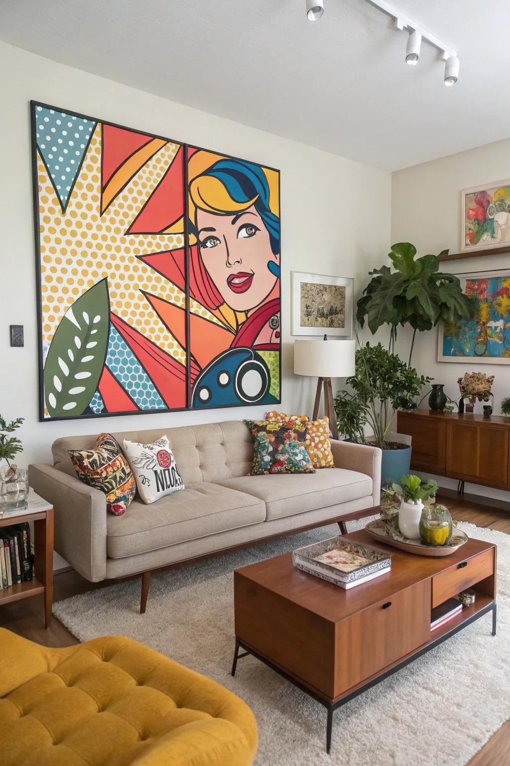 Vintage graphic art fills the space with nostalgic charm and lively energy.