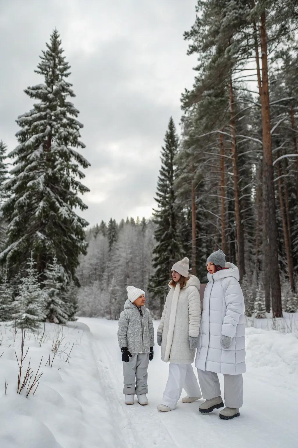 Winter whites and grays complement the serene snowy landscape.