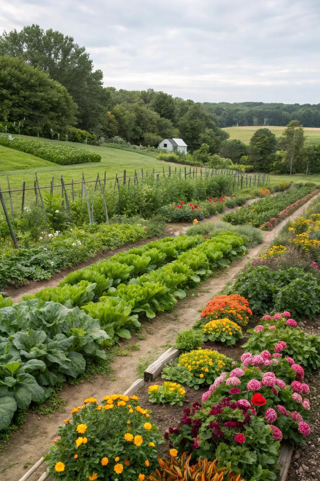 A thriving vegetable and flower garden in full bloom.