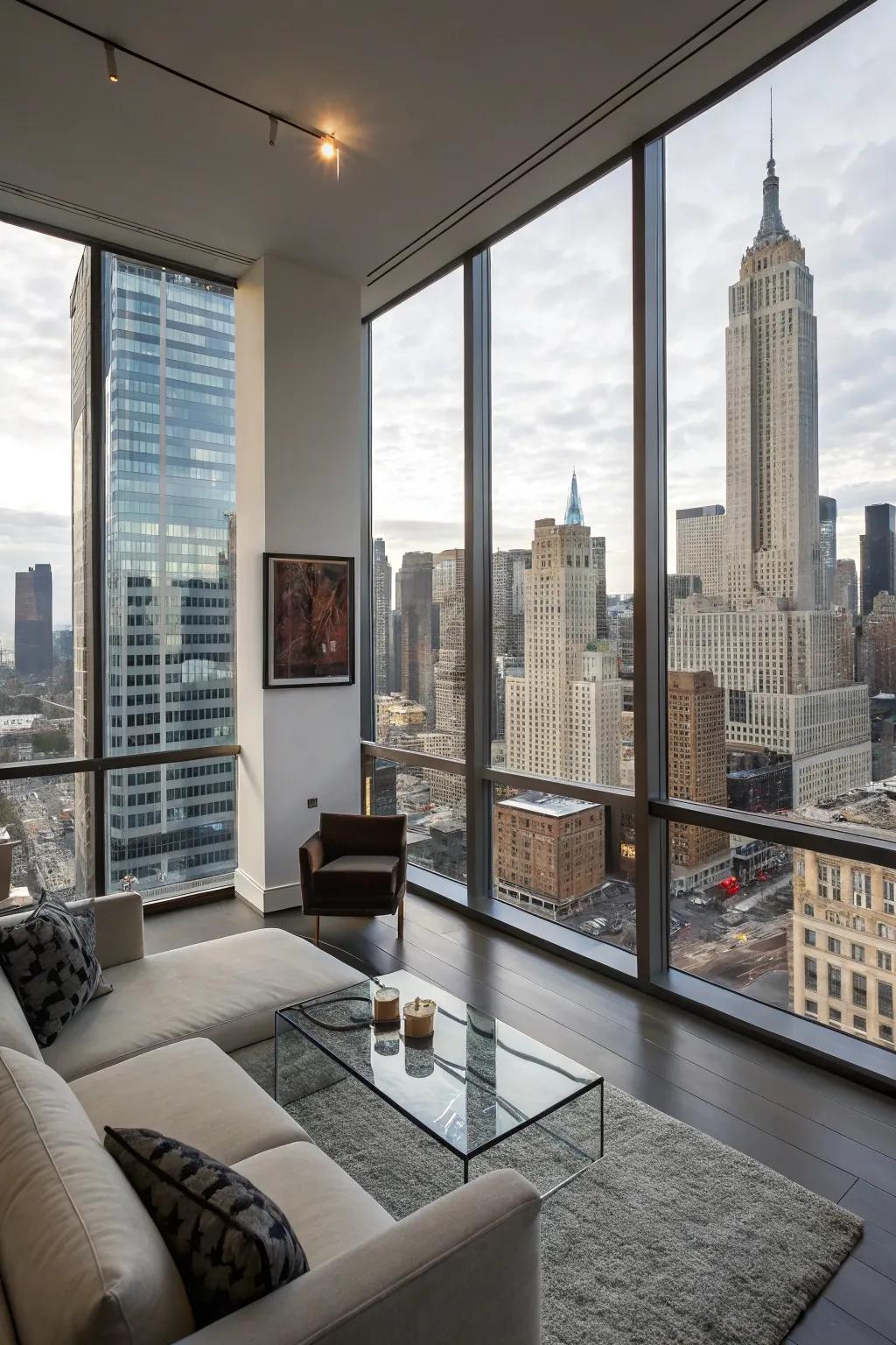 Corner windows displaying a wide panorama of the urban skyline.