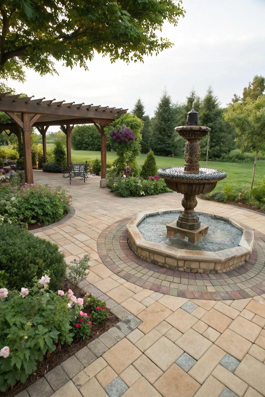 A water feature enhances the serene ambiance of this patio.