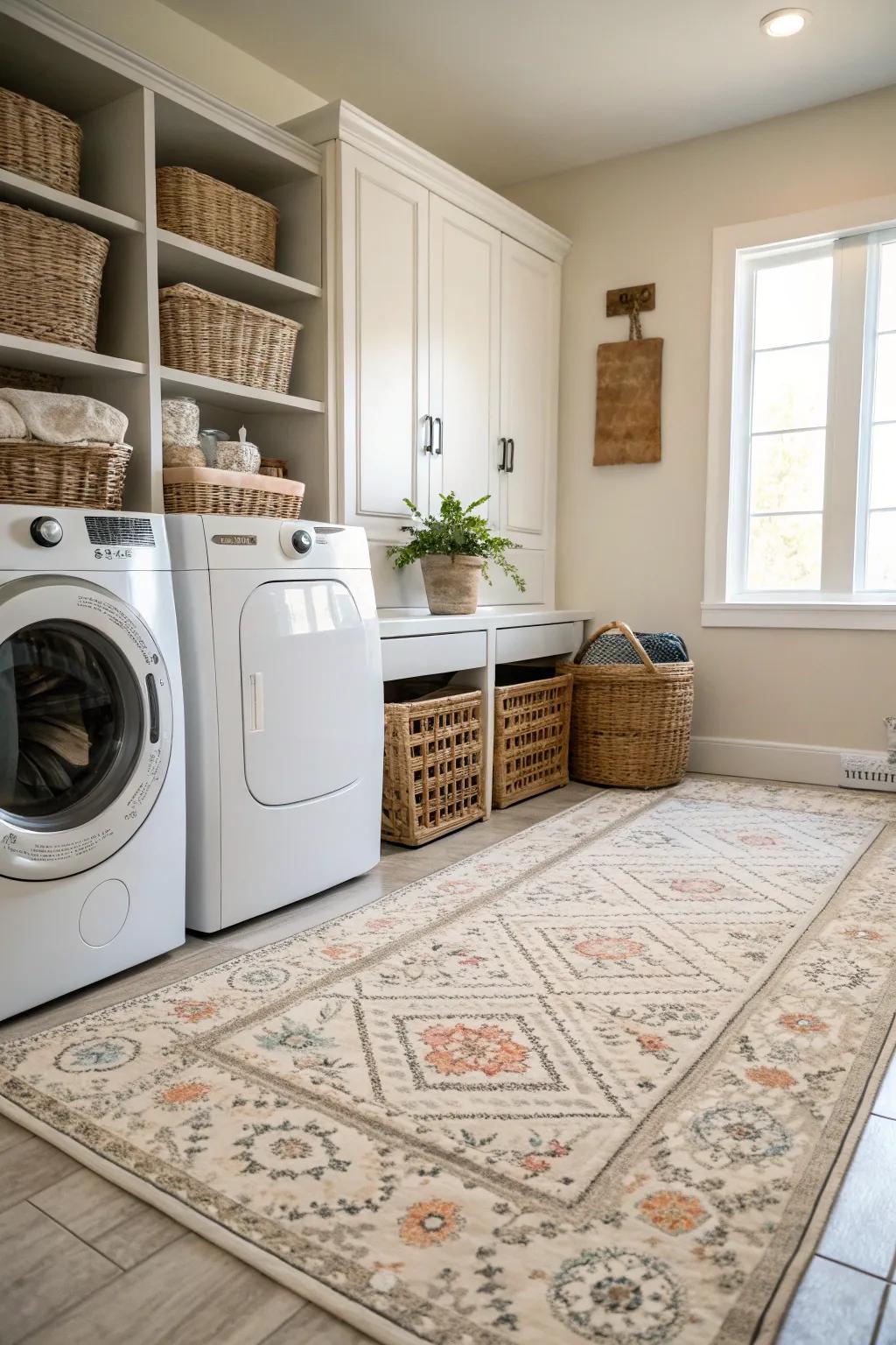 A cozy rug adds warmth and comfort to your laundry space.