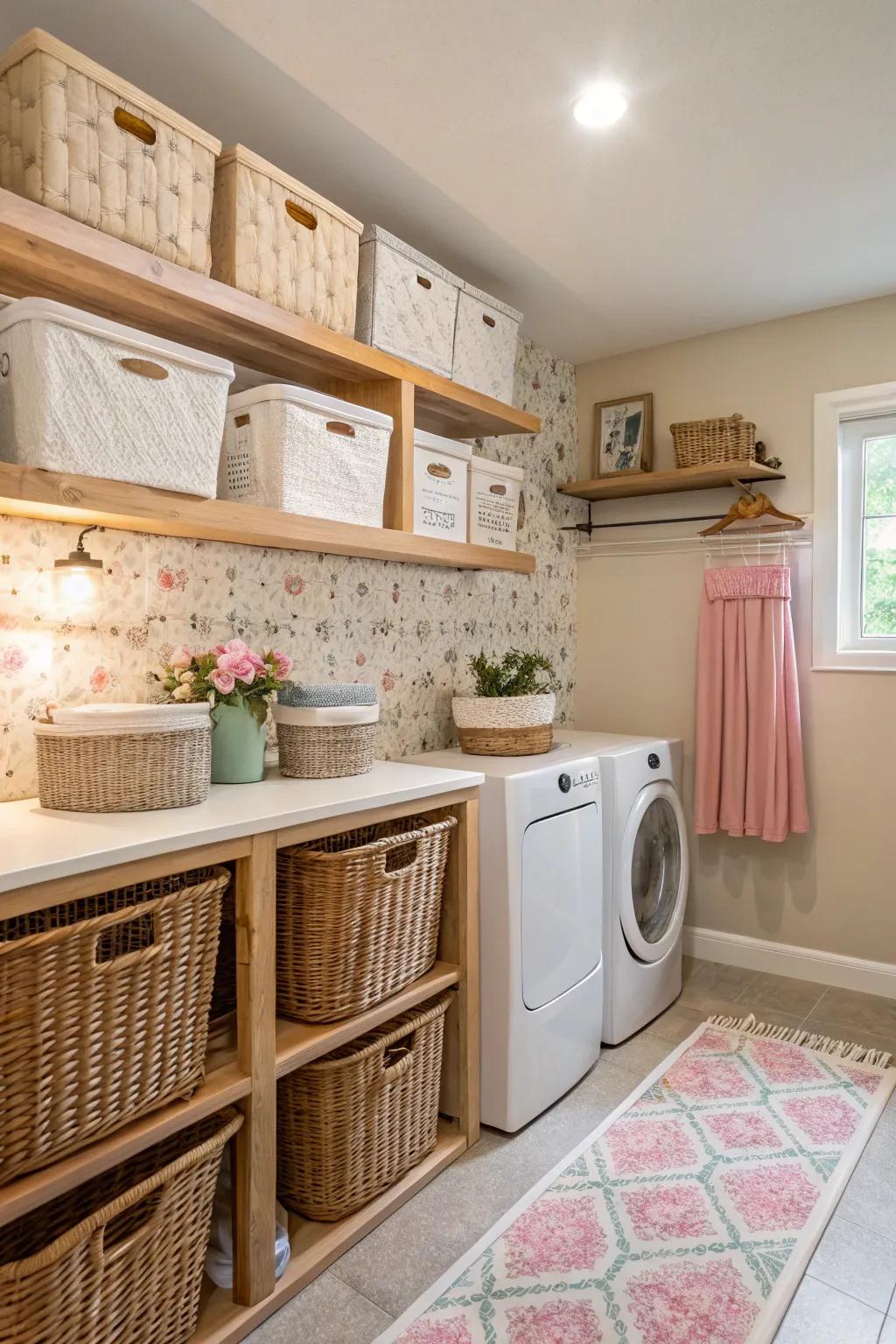 Decorative bins add style and organization.