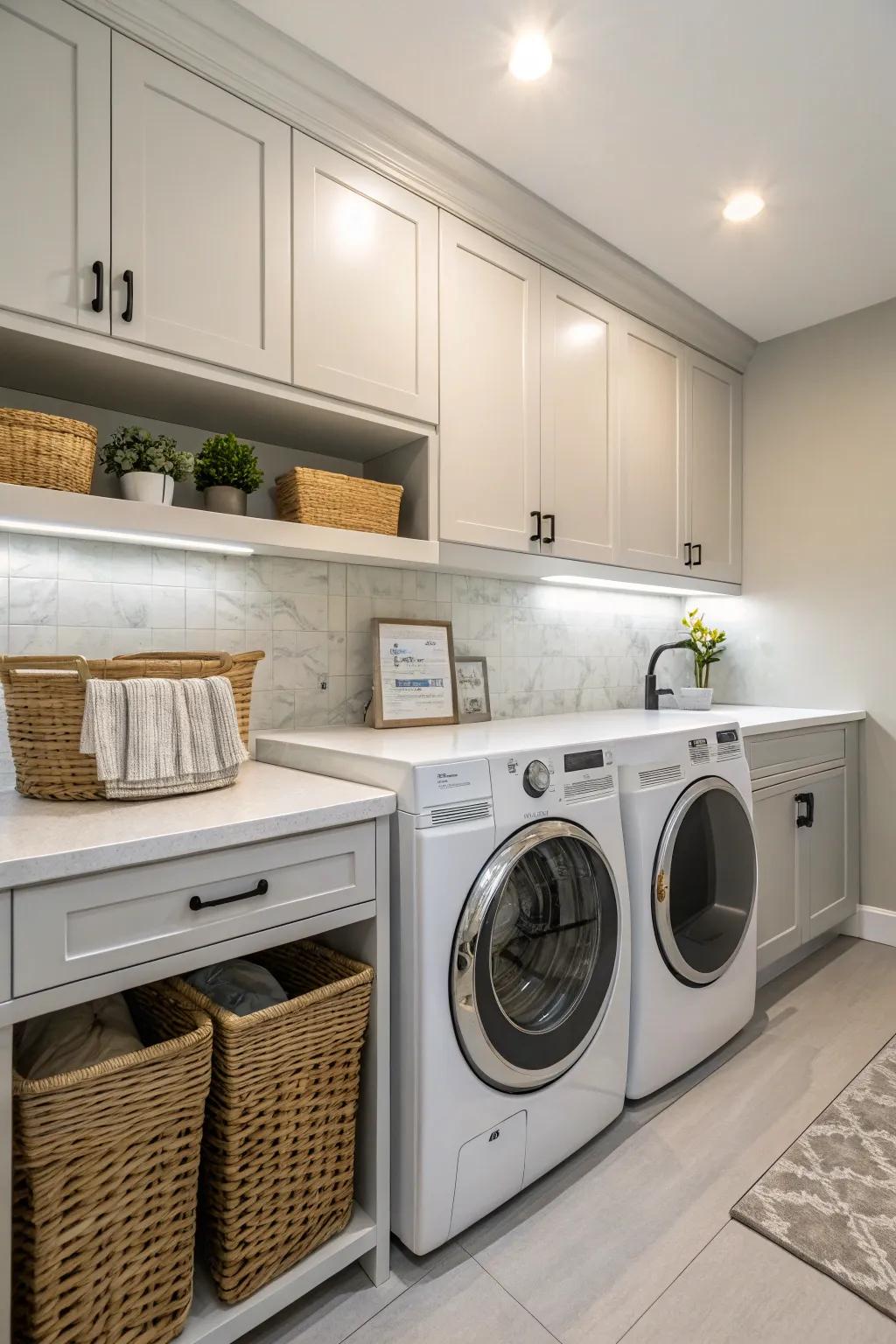 Modern appliances match seamlessly with the laundry room worktops.