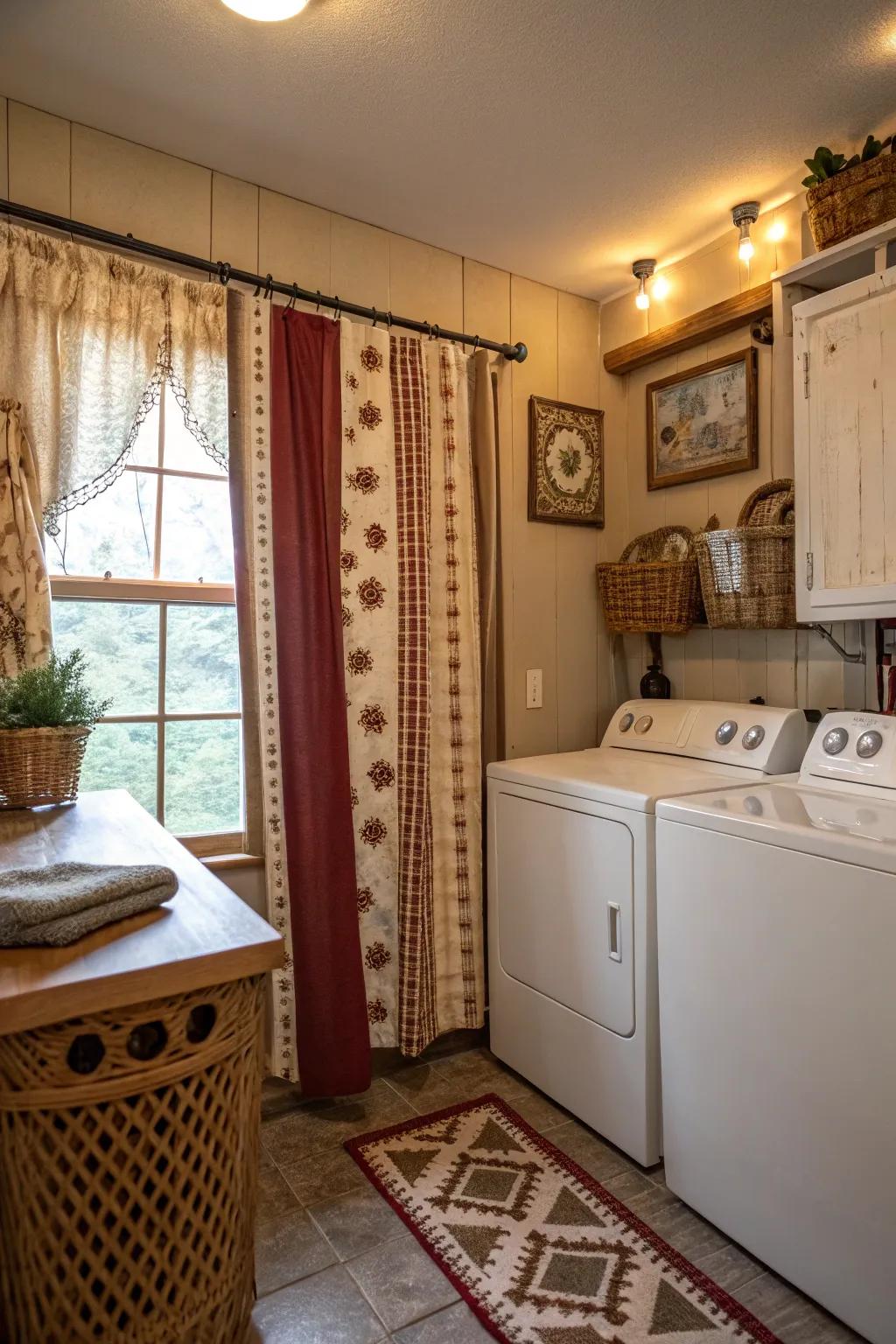 Rustic farmhouse drapes add a feeling of warmth and nostalgia.