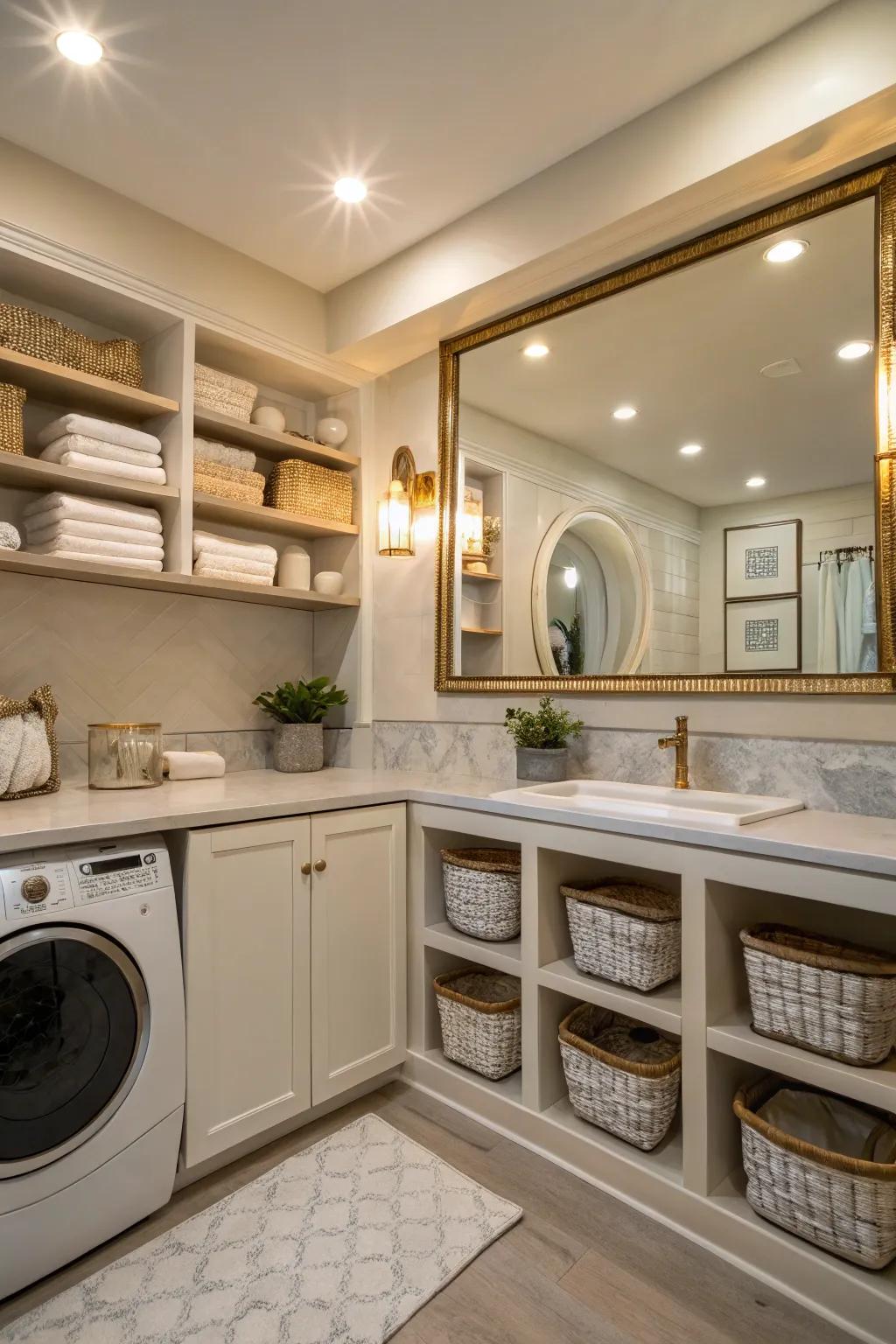 Complementary decor elements enhance the lighting in your laundry area.