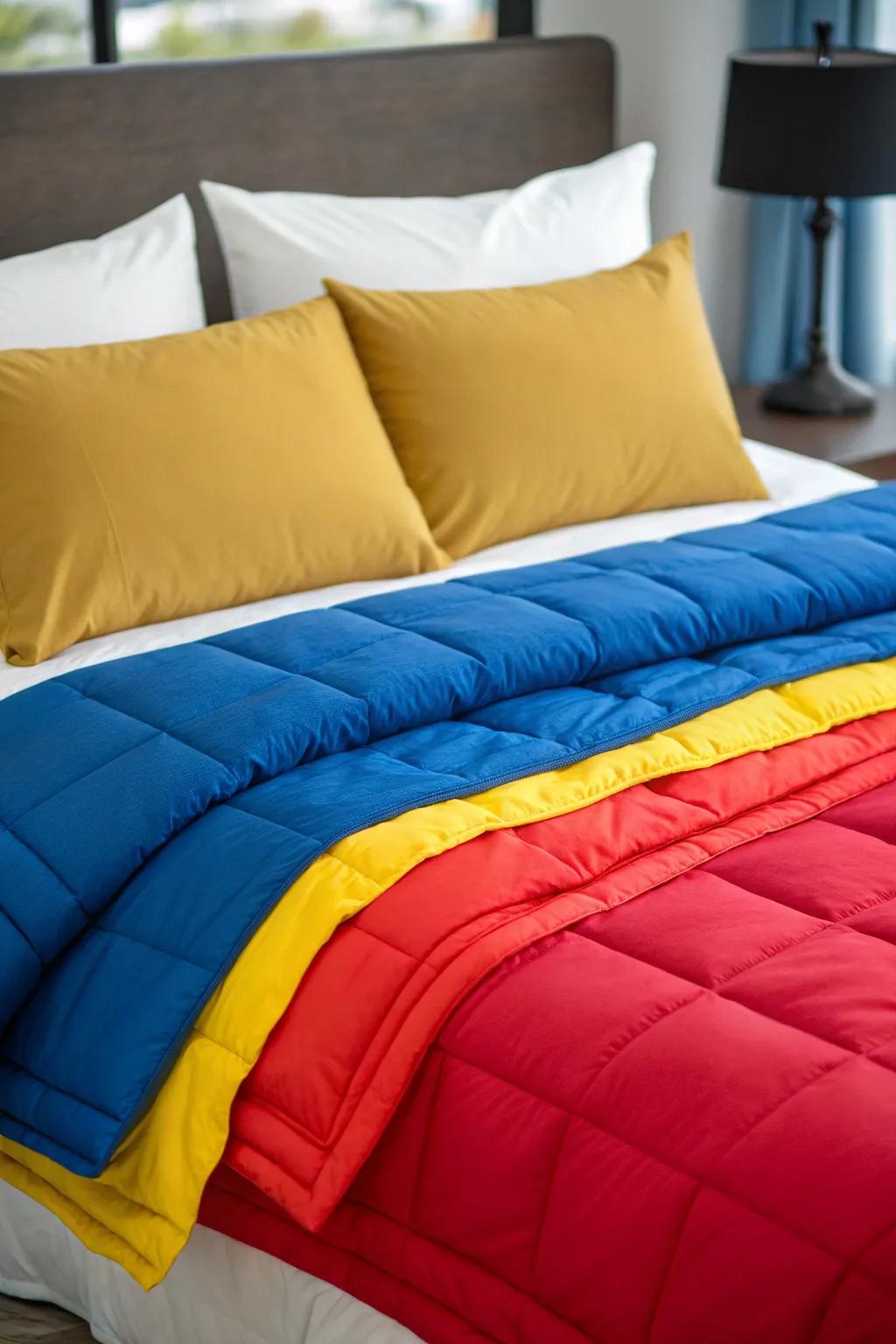 Complementary shades introduce visual intrigue to the layered bedding.