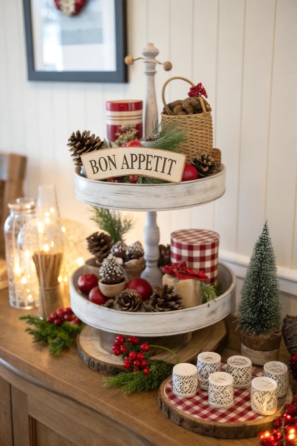 A lazy Susan displaying charming themed ornamentation.
