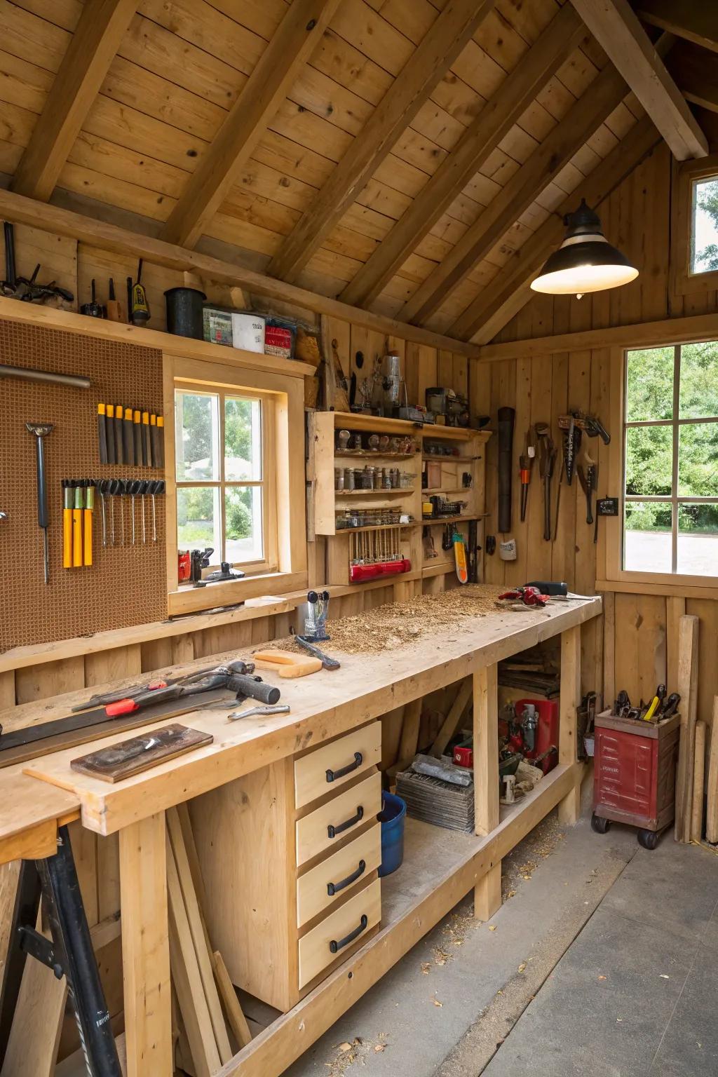 A functional project space nestled within a lean-to outbuilding.