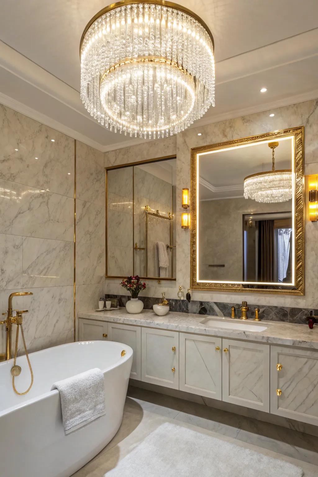 An opulent washroom showcasing a chandelier and an illuminated reflection.