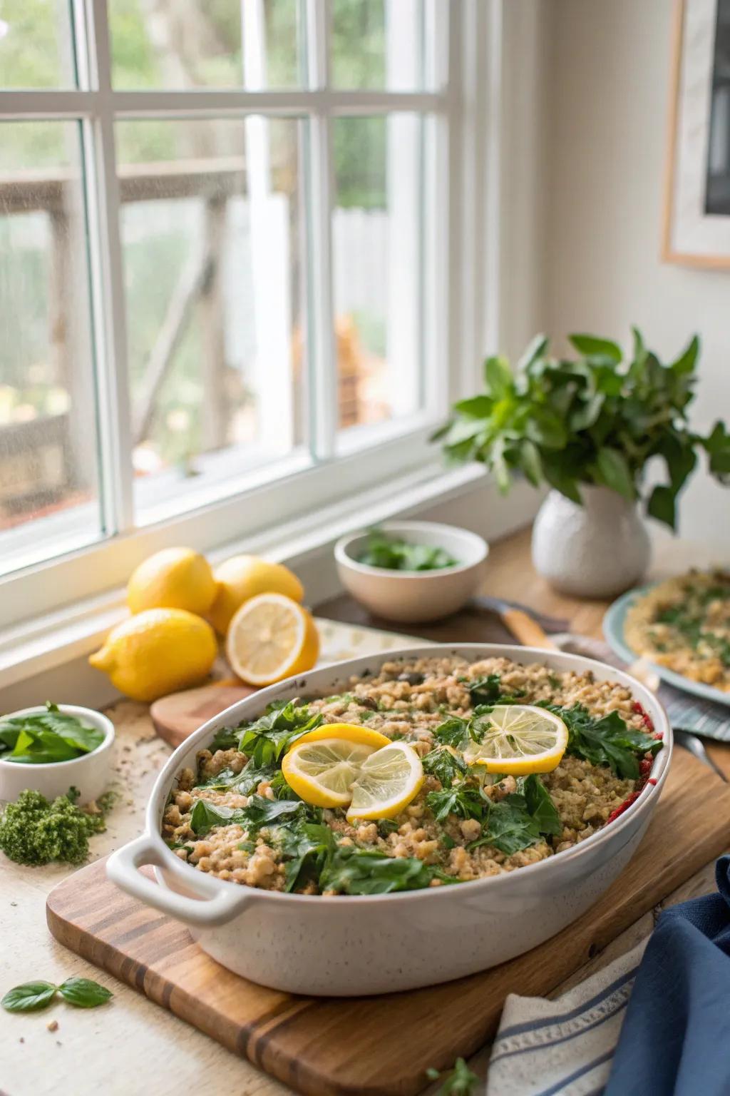 Lemon turkey quinoa casserole is a healthful way to use leftover turkey.
