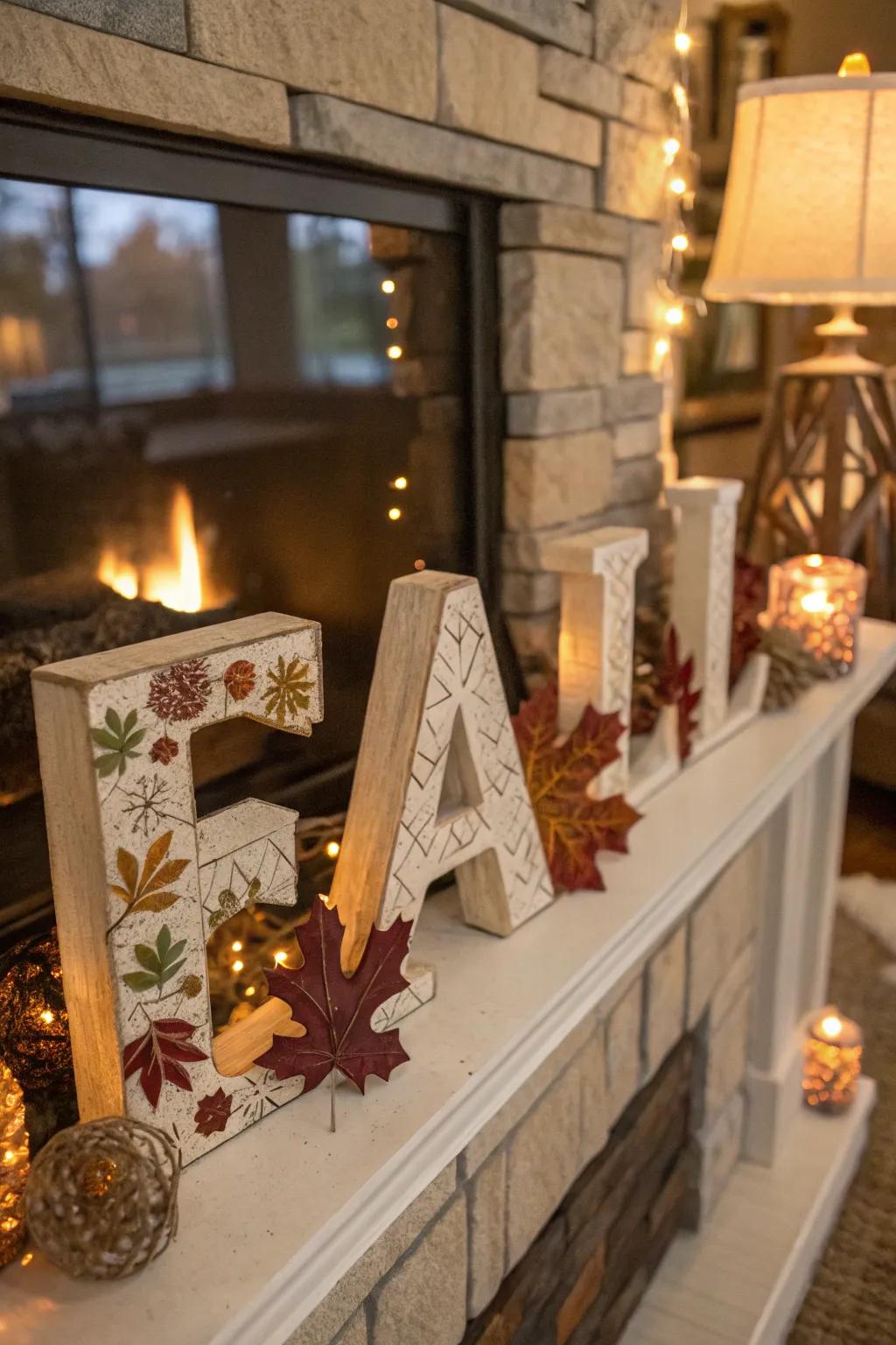 Seasonal letters incorporating festive charm to a fireplace mantle.