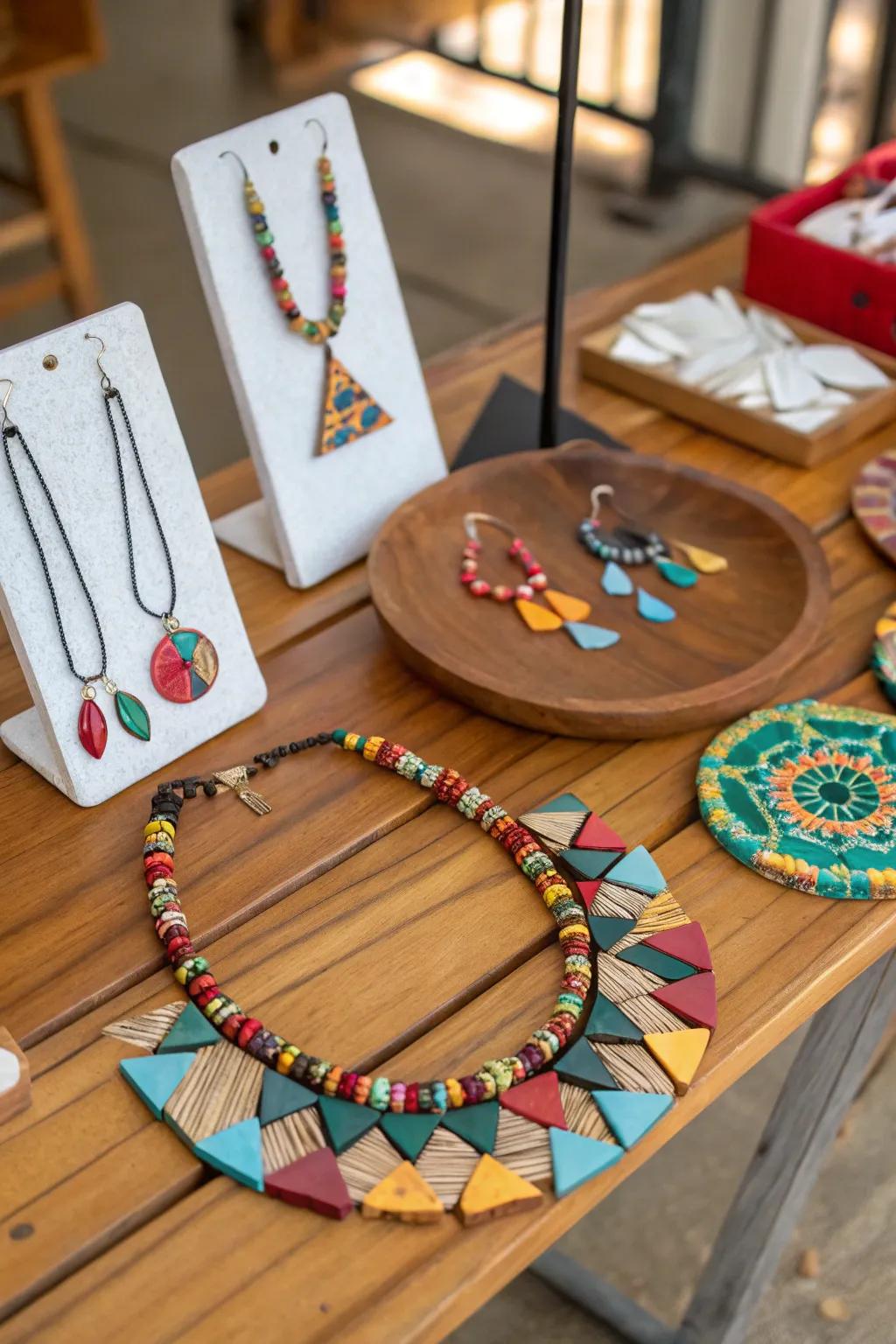 Handcrafted jewelry fashioned from plate fragments, symbolizing personal advancement.