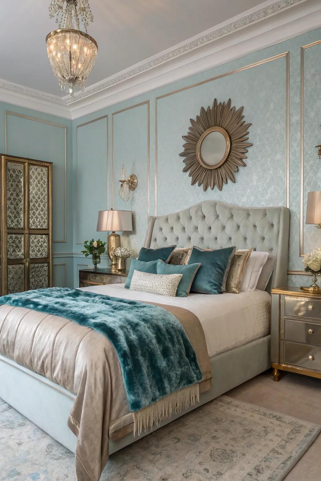A glamorous bedroom highlights metallic accents against a light blue backdrop.